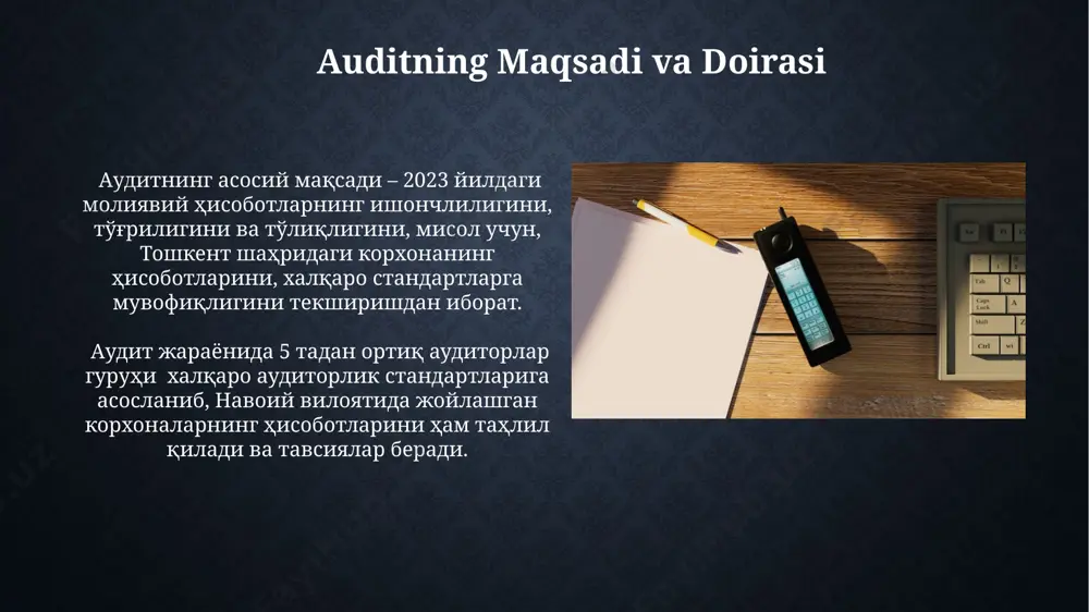 samarqanddagi audit firmasi tomonidan taqdim etilgan hisobotda, 7 ta loyihaning 40%ida ichki nazorat tizimining zaifligi tufayli 500,000 so'mdan ortiq moliyaviy yo'qotishlar qayd etildi. xorazm viloyatida o'tkazilgan audit tekshiruvi natijalariga ko'ra, 3 ta kichik biznes subyektida hisobotlarning 20% da hisob-kitob xatolari aniqlandi, bu esa jami 10,000 aqsh dollaridan ortiq zarar keltirdi. e'tiboringiz uchun rahmat @taqdimot_robot image2.jpg image3.jpg image4.jpg image5.jpg image6.jpg image7.jpg image8.jpg image9.jpg image10.jpg
