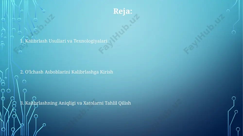 oladi va natijalar sertifikat bilan tasdiqlanadi. kalibrlashning maqsadi va vazifalari kalibrlashning asosiy maqsadi o'lchash asboblarining aniqligi va ishonchliligini ta'minlash, 10% dan kam bo'lmagan aniqlikka erishish orqali toshkentdagi standartlashtirish markazining talablariga javob berishdir. o'lchash asboblarini kalibrlash vazifasi ularning ko'rsatkichlarini davlat standartlari, masalan, gost 8.009-82 ga mos kelishini tekshirish va sertifikatlash orqali 5 yil davomida aniq o'lchovlarni ta'minlashni o'z ichiga oladi. kalibrlash jarayoni natijalarini hujjatlashtirish va 20-sonli laboratoriya daftariga yozib qo'yish, shuningdek, samarqand shahridagi kalibrlash markazining 2023 yilgi tavsiyalariga muvofiq aniqlik sertifikatlarini berishni o'z ichiga oladi. kalibrlash standartlari va me'yorlari ўзбекистон республикасидаги ўлчов асбобларини калибрлаш бўйича давлат стандартлари ўзстандарт томонидан белгиланиб, ҳужжатлаштирилади ва улардаги ноаниқлик даражаси 0,1% дан 5% гача бўлган диапазонда белгиланади. халқаро стандартлар iso 17025 ва oiml талабларига мувофиқ, сурхондарё вилоятидаги лабораторияда ўлчов асбобларининг 500 дан ортиқ турини калибрлашнинг аниқлик даражасини ошириш бўйича янги усуллар жорий этилди. тошкент шаҳридаги "ўзстандарт" агентлигининг метрология марказида 2023 йилда ўтказилган текширувлар натижаларига кўра, 1500 …