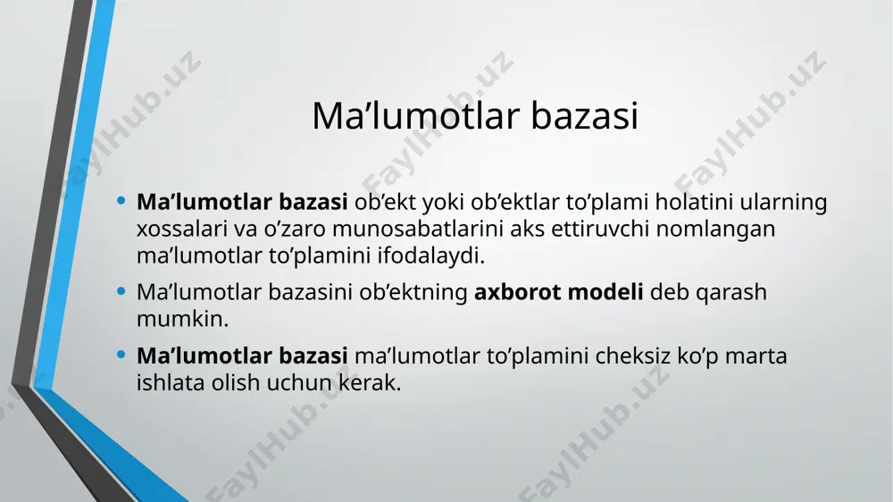 ish uchun uni texnik yoki dasturiy o`zgarishlardan, tabiiy va sun`iy vaziyatlardan va yomon niyatda foydalanishlardan saqlamoq lozim. ma`lumotlarning xavfsizligi deganda, ma`lumotlarni tasodifiy yoki ularga bila turib kirishga haqqi yo`q shaxslardan himoya qilinishi tushuniladi. maxfiyligi esa ayrim shaxslarning yoki takshilotlarning qachon va qanday miqdorda boshqa shaxslarga yoki tashkilotlarga ma`lumotlarni berish huquqi bilan aniqlanadi eng kam sarf (minimal harajatlar) mbni tuzish va undan foydalanishdagi xarajatlarni kamaytirish maqsadida, tashkil qilishni shunday usullari tanlanadiki, ular vaqt va xarajatlarni imkon darajada kamaytirsin qidiruv imkoniyatlari mbdan foydalanuvchi mbga, turli xil shakldagi ma`lumotlarni olish uchun murojaat qilishi mumkin. tizim oldindan rejalashtirilmagan turli talablarni qayta ishlashni ta`minlashi yoki shunday javoblarni tuza olishi kerak kelajak bilan bog`lanish kelajak bilan bog`lanishni tasavvur etish muhimdir. kelajakda ma`lumotlar va ularni saqlash muhiti ko`p yo`nalishlar bo`yicha o`zgaradi. har qanday tijorat tashkiloti vaqt o`tishi bilan o`zgarishlarga duchor bo`ladi. ayniqsa, bu o`zgarishlar ma`lumotlarni qayta ishlaydigan foydalanuvchilar uchun qimmatlidir. oddiy o`zgarishlarni amalga oshirish uchun talab qilinadigan …