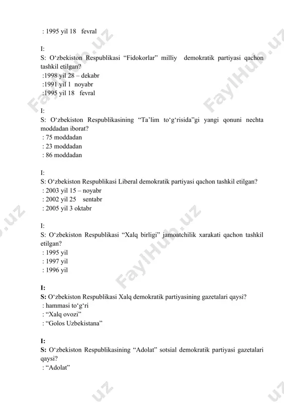 gan? : 1998 yil : 2000 yil : 1999 yil i: s: o‘zbekiston respublikasi “nogironlarning ijtimoiy muxofazasi to‘g‘risida”gi qonun qachon qabul qilingan? : 1991 yil : 1990 yil : 1993 yil i: s: o‘zbekiston respublikasi davlat mulkini boshqarish va xususiylashtirish davlat qo‘mitasi qachon tashkil etilgan? : 1992 yil : 1991 yil : 1995 yil i: s: “o`z deu” korxonasi qurilishi qancha vaqtda amalga oshirildi? : 32 oy : 24 oy : 22 oy i: s: “o`z deu” korxonasida qachondan boshlab “lasetti” avtomabili ishlab chiqarila boshladi? : 2003 yildan : 2004 yildan : 2005 yildan i: s: mamlakatimizda qachon xazrat alisher navoiy tavulludining 550 yilligi keng nishonlandi? : 1991 yil : 1992 yil : 1995 yil i: s: mamlakatimizda 1994 yil qanday yil deb e’lon qilindi? : mirzo ulug‘bek : alisher navoiy : amir temur i: s: o‘zbekiston mustaqilligi yillarida buyuk ajdodlarimizdan axmad farg‘oniy tavalludining 1200 yilligi qachon keng nishonlandi? : …