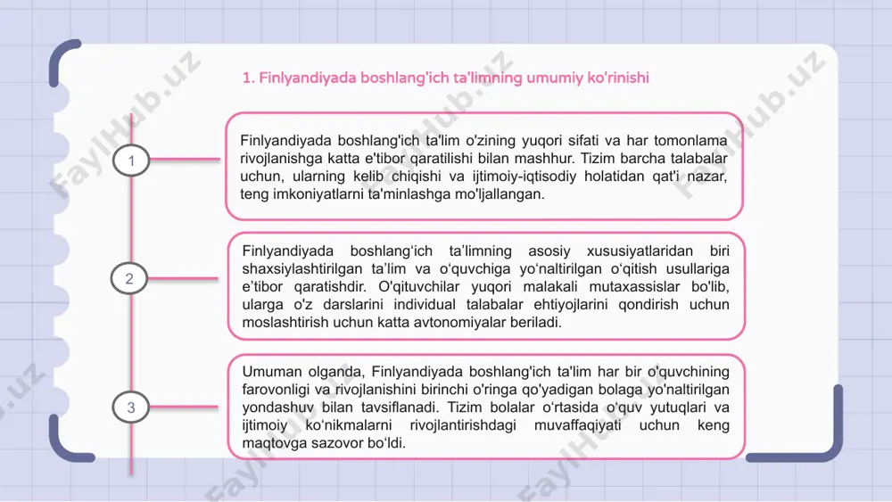 drli va hurmatli his qiladigan qo'llab-quvvatlovchi muhitni yaratishga qaratilgan. o'qituvchilar xilma-xillikni targ'ib qilish va individual ta'lim ehtiyojlarini qondiradigan inklyuziv o'qitish usullarini joriy etish uchun tayyorlanadi. finlyandiyadagi boshlang'ich ta'lim bag'rikenglik va qabul qilishni ta'kidlaydigan keng qamrovli o'quv dasturi orqali o'quvchilarni ko'p madaniyatli jamiyatda rivojlanishga tayyorlaydi. finlyandiyadagi maktablar inklyuzivlikni rivojlantirish orqali o‘quvchilar o‘rtasida kuchli hamjamiyat tuyg‘usini shakllantirish va o‘zaro hurmatni rivojlantirishga qaratilgan. 6. finlandiya boshlang'ich maktablarida baholash va baholash finlyandiya boshlang'ich maktablarida baholash va baholash ta'lim sifatini ta'minlashda hal qiluvchi rol o'ynaydi. talabalar ham rasmiy imtihonlar, ham doimiy baholash usullari orqali baholanadi. finlyandiyada baholash jarayoni faqat baho berishdan ko‘ra, talabalarga konstruktiv fikr bildirishga qaratilgan. ushbu yondashuv o'sish tafakkurini rivojlantirishga va uzluksiz o'rganishni rag'batlantirishga yordam beradi. finlyandiya boshlang‘ich maktablari o‘qituvchilari o‘quvchilarning taraqqiyoti va rivojlanishining yaxlit ko‘rinishini ta’minlash uchun o‘z-o‘zini baholash, tengdoshlarni baholash va o‘qituvchi rahbarligidagi baholash kabi turli baholash vositalaridan foydalanadilar. 1 2 3 7. finlyandiyada boshlang'ich ta'limdagi muvaffaqiyat hikoyalari finlyandiyada boshlang'ich ta'lim …