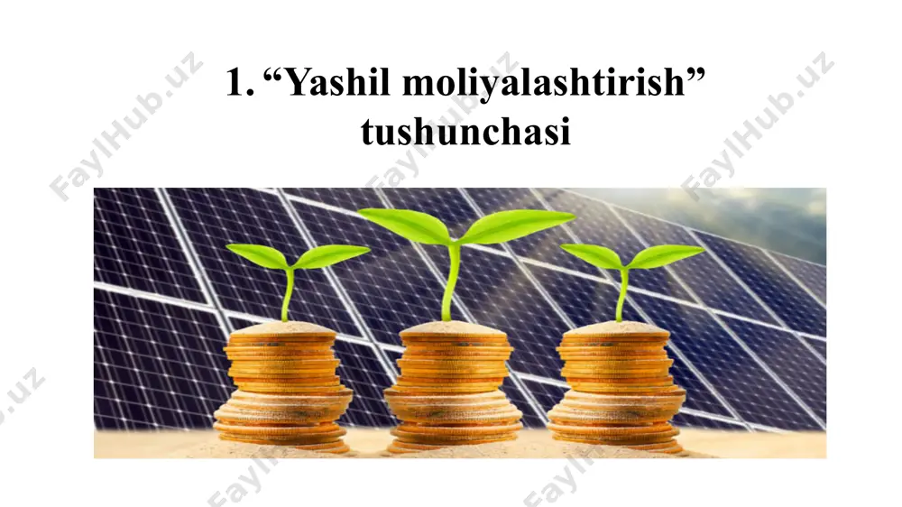 l loyihalar”ni investitsiyalash yo‘nalishlari va dastaklari “yashil loyihalar”ni investitsiyalash yo‘nalishlari investitsiyalash sohasi investitsiyalash ob’yektlari investitsiyalash maqsadi yadro energiyasi elektrenergiya va isitish past uglerodli, energiya samaradorligi yuqori energiya manbalaridan foydalanish gidroenergetika shamol energiyasi geotermal energiya bioenergetika atmosfera aqlli filtrlar atmosferaga chiqarilayotgan chiqindilar miqdori va xavfini kamaytirish past uglerodli ob’yektlar suv resurslari aqlli tozalash inshootlari suvga chiqarilayotgan chiqindilar miqdori va xavfini kamaytirish chiqindilarni biokimyoviy usullar bilan yo‘qotish issiqxona samarasi ishlab chiqarishning past uglerodli usullari issiqxona gazlari miqdorini kamaytirish tozalash inshootlari ozon qatlami kengayishining oldini olish elektrenergiya iste’moli tejamkor energiya resurslari energiya iste’moli miqdorini kamaytirish suv iste’moli suv resurslarini tejab iste’mol qiluvchi ob’yektlar suv iste’moli miqdorini kamaytirish quruqlik ob’yektlaridan foydalanish yer resurslaridan oqilona foydalanish yer, o‘rmon va tog‘ resurslari iste’molini qisqartirish o’rmon resurslaridan oqilona foydalanish tog‘-kon faoliyatining salbiy oqibatlarini kamaytirish transport va tashish transport uchun past uglerodli xom-ashyo ishlab chiqarish logistikadan foydalanish koeffitsiyentini oshirish va atmosferaga chiqindilar chiqarishni kamaytirish ekologik optimal logistika zanjiri …