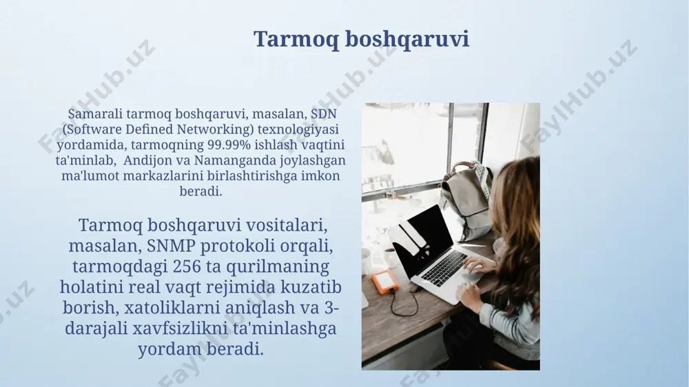 larini birlashtirib, afzalliklarini birlashtiradi, bu esa pekindagi kabi yirik shaharlardagi ofislar uchun moslashuvchanlikni ta'minlaydi. peer-to-peer (p2p) tarmoqlarda, 5 ta kompyuterdan tashkil topgan kichik uy tarmog'ida, har bir kompyuter teng huquqli bo'lib, bir-biri bilan to'g'ridan-to'g'ri aloqa o'rnatadi, bu esa markaziy serverga ehtiyojni yo'qotadi va torontodagi kabi shaharlarda uy tarmoqlari uchun qulaydir. mahalliy tarmoqlar (lan) mahalliy tarmoqlarning (lan) xavfsizlik darajasi, ulangan qurilmalar soni va tarmoq topologiyasiga bog'liq bo'lib, masalan, 50 ta kompyuterli lan 10 ta kompyuterli langa qaraganda ko'proq murakkab xavfsizlik choralarini talab qilishi mumkin. lanlar, masalan, 100base-tx yoki gigabit ethernet kabi turli xil standartlarni qo'llab-quvvatlaydi va odatda 10 dan 1000 gacha qurilmalarni ulash imkonini beradi, bu esa andijon shahridagi kichik korxonalar uchun ham, toshkentdagi yirik kompaniyalar uchun ham mos keladi. tarmoq xavfsizligi jahon miqyosida 2023-yilda kiberhujumlar soni 50% ga oshgan bo'lib, aqsh va xitoy kabi davlatlar eng ko'p ta'sirlangan mamlakatlar qatorida. tarmoq xavfsizligini ta'minlash uchun murakkab xavfsizlik devorlari va maxsus dasturlar …
