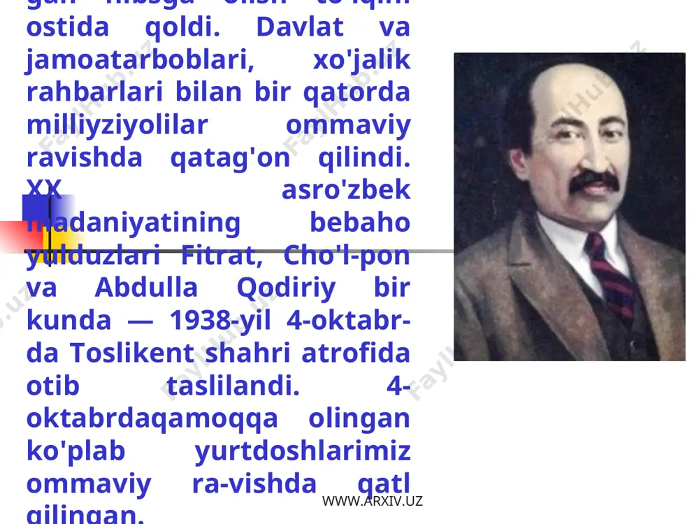 'on qi-lish bilan bir paytda amalga oshirildi. mustabid tuzumdavrida bunday bo'lishi tabiiy edi. www.arxiv.uz www.arxiv.uz mustamlakachilik davri qurbonlari — shahidlarxotirasiga avlodlar ehtiromi o'zbekiston respublikasi mustaqillikka erishgandankeyin qatag'on qilinganlarning ko'pchiligi huquqiy jihat-dan oqlandi. ularning porloq nomlari tiklandi. mamlakat prezidenti i.a.karimovning tasliabbusi bilan 2000-yil 12-mayda toslikent shahridagi yunusobod mavzesi-da — bo'zsuv bo'yida shahidlar xotirasi yodgorlik maj-mui ochildi. u mustabid sovet rejimi davrida qatag'onqilingan shahidlar xotirasiga bag'ishlab o'rnatilganbo'lib, millat fidoyilarining aksariyati shu yerda otibtaslilangan edi. i.karimov yodgorlik majmuiningochilish marosimida so'zlagan nutqida kommunistikrejim qatag'onlarining asl mohiyatini quyidagicha ochibbergan edi: «zulm va zo'ravonlikka qurilgan mustabid,beshafqat tuzum davrida o'zligini, milliy qadr-qimmati-ni teran anglagan, ijtimoiy-siyosiy ongi yuksak xalqniuyg'otishga, xalqni boshqarishga qodir bo'lgan, ma'rifatva ma'naviyat yo'lida fidoyilik ko'rsatgan barcha aql-zakovat sohiblari jismonan yo'q qilindi... mana shularqatorida siyosatdan mutlaqo uzoq bo'lgan ming-minglaboddiy dehqonlar, hunarmand-kosiblar, ishchi-xiz-matchilarning begunoh qurbon bo'lib ketgani tasa vvurgaham sig'maydigan ayanchli bir holdir». www.arxiv.uz www.arxiv.uz www.arxiv.uz www.arxiv.uz