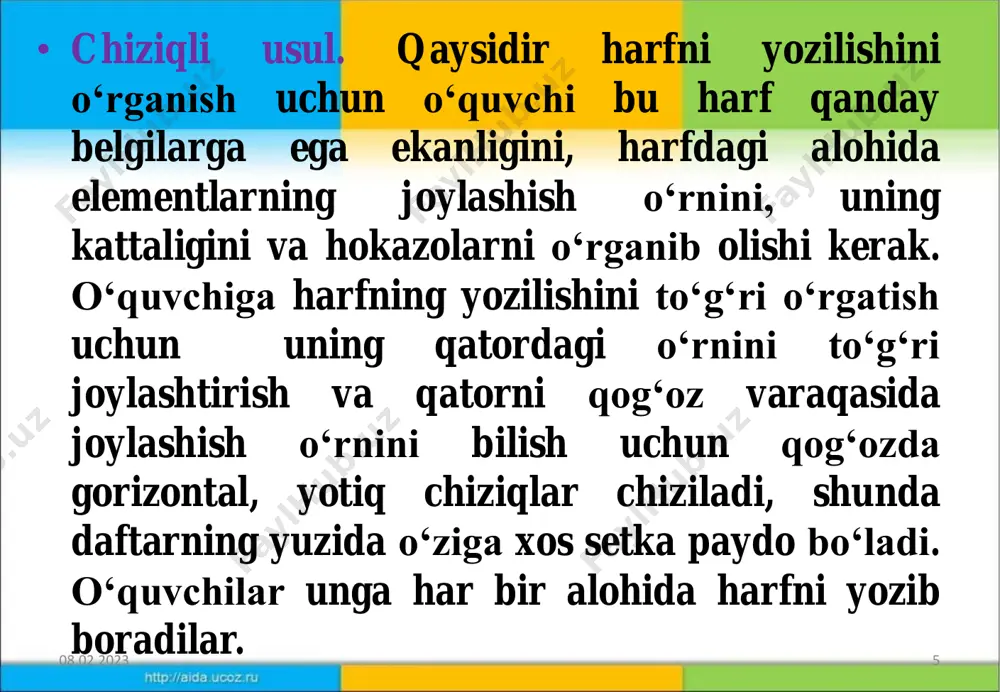 k qoidalarga amal qilish eslatib turilishi yaxshi natija beradi. ko‘rgazmalilik tamoyili. chiroyli yozuvga o‘rgatishda ko‘rgazmali vositalar ham katta ahamiyat kasb etadi. ko‘rgazmali vositalarga «to‘g‘ri o‘tir!» plakati, bosma harf shakllari ifodalangan kartonlar, xattaxta, o‘quvchilar qo‘lidan ushlab yozdirish kabilar kiradi. • bolaning yosh va individual xususiyatlarini hisobga olish tamoyili. • o‘quvchining individual xususiyatlarini hisobga olish uning bo‘yini hisobga olgan holda oldingi partalarga o‘tkazishdan boshlanadi. parta o‘quvchiga mos bo‘lsa, u yozishda qiynalmaydi, tez charchab qolmaydi, chiroyli yozadi. • yozuvga o‘rgatishning o‘qishga o‘rgatish bilan bir paytda amalga oshirish tamoyili. • dastur talablari yozuvga o‘rgatishni o‘qishga o‘rgatish bilan bir paytda amalga oshirishni nazarda tutadi. savod o‘rgatishning dastlabki bosqichida o‘qish va yozuv bog‘lab olib boriladi. bu usul k.d.ushinskiy tomondan qo‘llangan bolib, hozirga davr foydalanib kelinmoqda. 08.02.2023 17 • savodli yozuvning grafik bilimlar bilan bog‘liqligi tamoyili. • chiroyli yozuv imlo bilan chambarchas bog‘liq. o‘quvchining imloviy savodxonligi haqida g‘amxo‘rlik qilish tilning aniqligi, fikrni to‘g‘ri ifodalash, kishilar bilan o‘zaro …