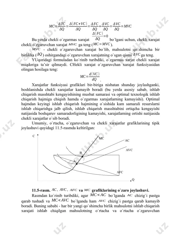 sib boradi. ( q c b a afc ac mc avc )umumiy, o`rtacha, o`zgaruvchan va chekli xarajatlar grafiklarining tipik joylashuvi quyidagi 11.5-rasmda keltirilgan: 11.5-rasm. va grafiklarining o`zaro joylashuvi. rasmdan ko`rinib turibdiki, agar bo`lganda chizig`i pastga qarab tushadi va bo`lganda ham chizig`i pastga qarab kamayib boradi. buning sababi - har bir yangi qo`shimcha birlik mahsulotni ishlab chiqarish xarajati ishlab chiqilgan mahsulotning o`rtacha va o`rtacha o`zgaruvchan xarajatidan kichik bo`lgani uchun, o`rtacha va o`rtacha o`zgaruvchan xarajatlarni kamaytiradi. agar va bo`lganida va chiziqlari yuqoriga qarab o`sib boradi. bu yerda qo`shimcha ishlab chiqarilgan birlik mahsuloti xarajati va dan katta bo`lgani uchun, u ushbu o`rtacha va o`rtacha o`zgaruvchan xarajatlarini oshiradi. yuqoridagi fikrlardan kelib chiqadiki, o`rtacha xarajat () va o`rtacha o`zgaruvchan xarajat ()lar o`zlarining minimal qiymatlarida chizig`ini kesib o`tadilar (rasmda va nuqtalar), ya’ni bo`lganda , va bo`lganda . misol. yuqorida ko`rib o`tilgan apelsin sotuvchining xarajatlarini qaraymiz. 11.1-jadvalda sotuvchining xarajatlari tarkibi keltirilgan. 11.1-jadval. mahsulot o`zgarmas o`zgaruv- yalpi chekli …
