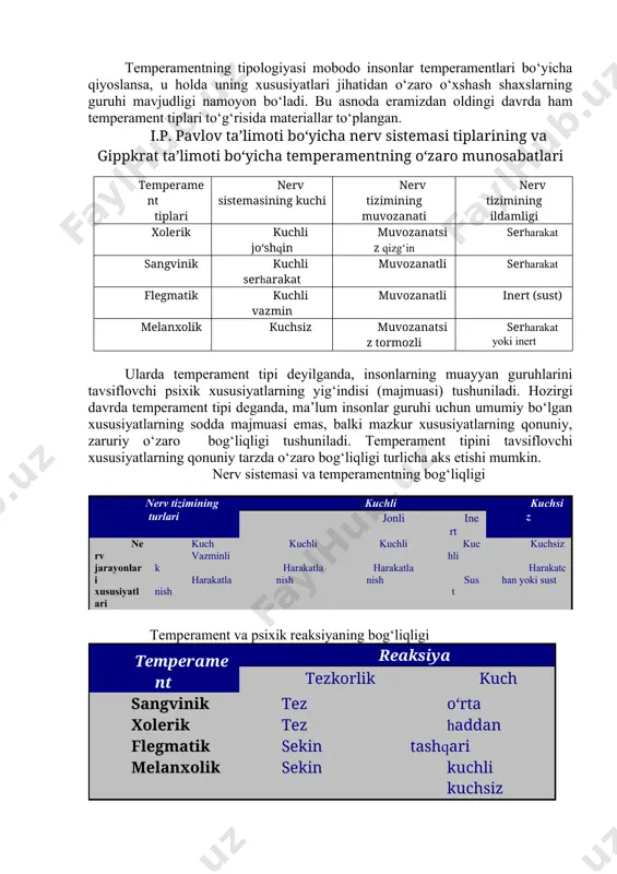 flektor faoliyatining individual xususiyatlari bilan temperamentga aloqador nerv sistemasi xususiyatlarining o‘zaro qo‘shiluvini nerv sistemasining tipi deb nomlaydi va uni to‘rtta tipga ajratadi. ular quyidagilardan iborat. 1. kuchli, muvozanatli, epchil; 2. kuchli, muvozanatsiz, epchil; 3. kuchli, muvozanatli, sust; 4. kuchli, muvozanatsiz sust. yirik rus psixologlaridan biri b.m. teplov (1896 - 1965) va uning shogirdlari, maslakdoshlari i.p.pavlovning tadqiqotlarini davom ettirib, inson nerv jarayonlari xususiyatlarining o‘ziga xos tomonlarini ochishga muvaffaq bo‘ldilar. ular nerv-fiziologik jarayonlarning nozik qirralarini o‘rganishga maxsus moslamalar yordami bilan o‘zgarishlarni qayd qilish hamda olingan natijalarni (omillarni) matematik statistika metodlari orqali hisoblashni tatbiq etdilar. shuningdek, b.m. teplov ilmiy maktabining namoyondalari tomonidan ijobiy va tormozlovchi shartli reflekslarning hosil bo‘lish tezligini tavsiflovchi individual xususiyatlar turkumi ham ta’riflab berilgandir. ushbu individual xususiyatlar mohiyatida ifodalanuvchi nerv sistemasining notanish xususiyati dinamiklik deb nomlangan ham tavsiflangan. bundan tashqari, ular shartli reflektor faoliyatining bir guruh individual xususiyatlari qo‘zg‘alish jarayoni to‘xtalishining tezligi mahsuli sifatida taxmin qilingan xususiyatni (yangi xislatni) labillik …