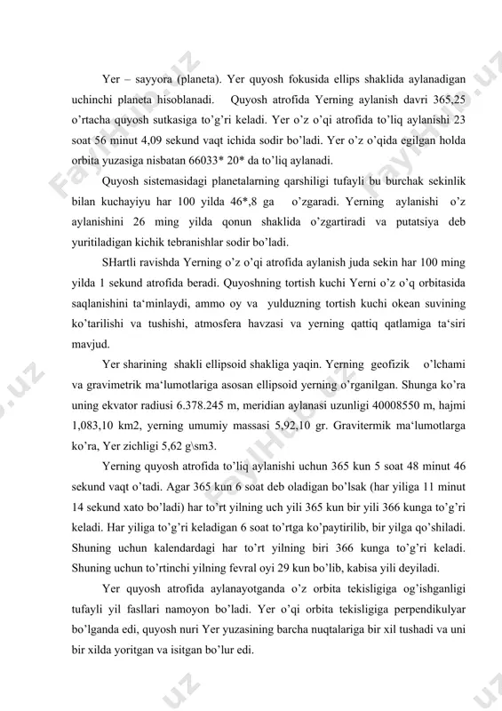l oyi 29 kun bo’lib, kabisa yili deyiladi. yer quyosh atrofida aylanayotganda o’z orbita tekisligiga og’ishganligi tufayli yil fasllari namoyon bo’ladi. yer o’qi orbita tekisligiga perpendikulyar bo’lganda edi, quyosh nuri yer yuzasining barcha nuqtalariga bir xil tushadi va uni bir xilda yoritgan va isitgan bo’lur edi. shunga ko’ra quyosh nuri ekvatorga doimo tik tushib, undan shimol va janub tomon kamayib borar, kecha va kunduz doimo teng (12 soat) va teng yil fasllari hukmron bo’lar edi. yerning quyosh atrofida o’z orbita tekisligiga og’ishgan holda aylanganligi tufayli quyosh nurini tushish burchagi o’zgarib yil fasllarini almashinishiga sabab bo’ladi. yer o’qining og’ishi va quyoshga nisbatan neytrallik davri 21 mart 23 sentyabrga to’g’ri kelib, bu davrda quyosh nuri ekvatorga teng tushadi va shimoliy va janubiy yarim sharlarni bir xilda yoritadi. shunga ko’ra kun va tun vaqt jihatidan bir xil 12 soatga to’g’ri keladi. binobarin, 21 martni bahorgi, 23 sentyabrni kuzgi kun-tun tengligi deyiladi. 21 iyunda …