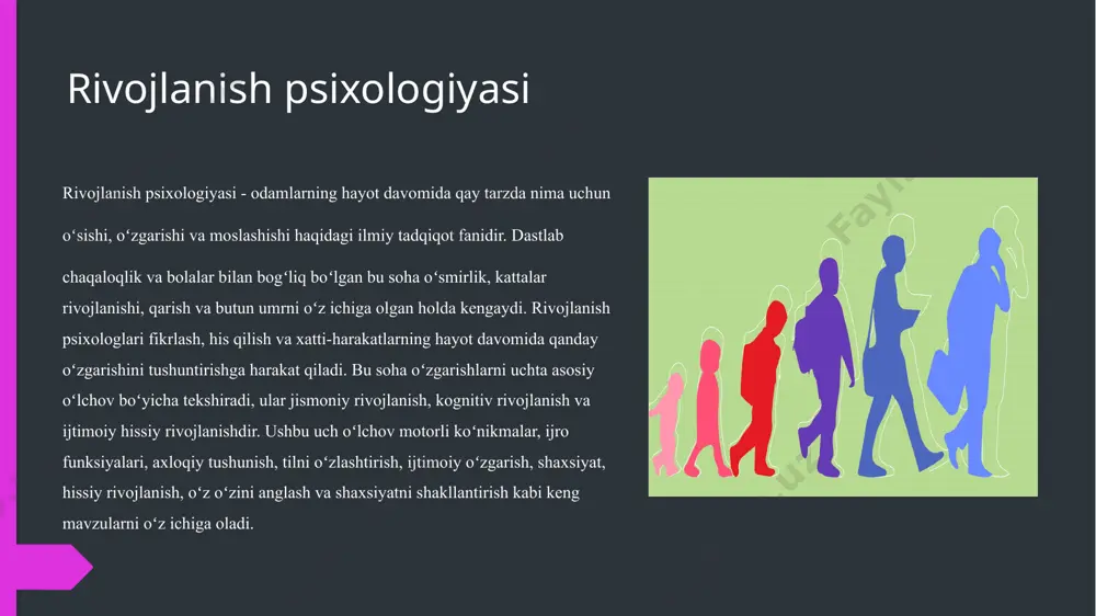 larinig o’ziga xos psixologik jarayonlari mehnat psixologiyasi kabi termin tushunchalari bo’ladi. ular bu ishni qanday qilish qanday boshlash yuritish kabi omillar va kerakli darslar yigíndisidir.hozirgi kunda nimaiki qilmaylik hamma bu dunyoda tez boyib ketish tezroq yaxshi oylikli ishga otirish kabi narsalarni xohlaydi lekin aslida o’sha sohasining psixologiyasini anglab yetmasdan bu ishni qilish qiyin. hayotda o’z maqsadiz yolida’tinmay o’z ustizda ishlashiz ko’proq practice qilishiz sizni maqsadizga albattta erishtiradi ishoning bundan boshqa formula yoq bu hayotda. foydalanilgan adabiyotlar 1."transitions and turning points: navigating the passage from childhood through adolescence.". developmental psychology 32 (4): 768–776. 1996. doi:10.1037/0012-1649.32.4.768. issn 1939599. 2."transitions and turning points: navigating the passage from childhood through adolescence.". developmental psychology 32 (4): 768–776. 1996. doi:10.1037/0012-1649.32.4.768. issn 1939599. https://en.wikipedia.org/wiki/developmental_psychology#cite_note-3 https://en.wikipedia.org/wiki/developmental_psychology#cite_note-4 „developmental psychology: history of the field―,. encyclopedia of psychology, 2000 — 9–13 bet. doi:10.1037/10518-003. isbn 978-1-55798-652-8. 3.the life-cycle completed, extended version, norton and company, 1998. „developmental psychology: history of the field―,. encyclopedia …