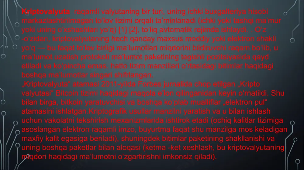 maydi). kriptovalyutalar asosan masofaviy xaridlar uchun (masalan, internet orqali) ishlab chiqilgan boʻlsa-da, iqtisodiy sharoitlari va oqibatlari nuqtai nazaridan, kriptovalyuta toʻlovlari naqd pulsiz toʻlov variantlariga qaraganda koʻproq naqd toʻlovlarga oʻxshaydi. altkoinlar bitkoindan boshqa barcha raqamli valyutalarni altkoinlar atamasi bilan nomlanadi va to'g'ridan-to'g'ri tarjimasi 'muqobil tangalar' (ba'zida pastki tangalar deb ham yuritiladi) ma'nosini beradi. ularning barchasi bitkoindan so'ng yaratilgan va taqlid valyutalar hisoblanadi. bitkoin va altkoinlar o'rqasida sezilarli va yashiring farqlar ko'p. misol uchun, laytkoin (litecoin) har bir blokni 2.5 daqiqada jaryonlashtiradi. solishtirish uchun, bitkoin blokcheynida bir blok uchun ketadigan vaqt 10 minutdan oshiqroq vaqt talab qiladi. bu shuni anglatadiki, laytkoin bilan valyuta o'tkazmalar anchagina tezroq amalga oshiriladi. yana bir misol, ethereumni olaylik. ethereum o'z tarmog'ida 'aqlli shartnomalar' (smart contracts) asosida markazlashtirilmagan erkin programmalarni tuzishga imkon beradi. blumbergning xabar berishicha, 2020-yilda ethereum eng ommabop shifrlangan valyutaga deb topilgan eng arzon kriptovalyutalar 09/06/2022 bugungi kunda eng arzon cryptocurrentsiyalarning ustki qismi 09/06/2022 narxlarni oshirish …