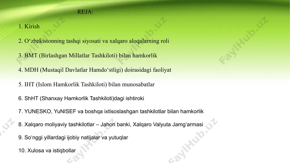 ing kosmik agentliklari bilan tajriba almashish, ekspertizadan foydalanish va ko‘mak olish, kosmik faoliyat bo‘yicha xalqaro qoidalar va yo‘riqnomalarni ishlab chiqishda ishtirok etish, shuningdek, jahon miqyosida manfaatlar va pozitsiyalarni ifodalash. mustaqil davlatlar hamdo‘stligi (mdh) oʻzbekiston 1991-yildan buyon mdh a’zosi. iqtisodiy, madaniy, xavfsizlik va huquqiy sohalarda hamkorlik qilmoqda. mdh doirasida turli tadbirlar, sport musobaqalari va ilmiy anjumanlarda ishtirok etmoqda. islom hamkorlik tashkiloti (iht) oʻzbekiston 1996-yildan iht a’zosi. toshkentda ihtning fan va texnologiyalar bo‘yicha sammiti bo‘lib o‘tgan. oʻzbekiston diniy bag‘rikenglik, madaniy merosni saqlash va ekstremizmga qarshi kurash bo‘yicha muhim tashabbuslarni ilgari surmoqda. shanxay hamkorlik tashkiloti (shht) oʻzbekiston 2001-yildan shht a’zosi. shht doirasida xavfsizlik, terrorizmga qarshi kurash, iqtisodiy loyihalar bo‘yicha faol ishtirok etmoqda. samarqandda 2022-yilda bo‘lib o‘tgan shht sammiti oʻzbekiston tashabbuskorligining yorqin namunasi bo‘ldi. yunesko, yunisef va boshqa ixtisoslashgan tashkilotlar oʻzbekiston yunesko bilan madaniy merosni asrash, ta’limni rivojlantirish sohasida hamkorlik qilmoqda. buxoro, xiva, samarqand shaharlarining yunesko ro‘yxatiga kiritilishi – tarixiy yutuq. yunisef bilan bolalarni …