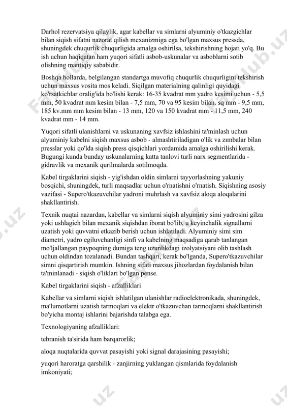 n. darhol rezervatsiya qilaylik, agar kabellar va simlarni alyuminiy o'tkazgichlar bilan siqish sifatni nazorat qilish mexanizmiga ega bo'lgan maxsus pressda, shuningdek chuqurlik chuqurligida amalga oshirilsa, tekshirishning hojati yo'q. bu ish uchun haqiqatan ham yuqori sifatli asbob-uskunalar va asboblarni sotib olishning mantiqiy sababidir. boshqa hollarda, belgilangan standartga muvofiq chuqurlik chuqurligini tekshirish uchun maxsus vosita mos keladi. siqilgan materialning qalinligi quyidagi ko'rsatkichlar oralig'ida bo'lishi kerak: 16-35 kvadrat mm yadro kesimi uchun - 5,5 mm, 50 kvadrat mm kesim bilan - 7,5 mm, 70 va 95 kesim bilan. sq mm - 9,5 mm, 185 kv.mm mm kesim bilan - 13 mm, 120 va 150 kvadrat mm - 11,5 mm, 240 kvadrat mm - 14 mm. yuqori sifatli ulanishlarni va uskunaning xavfsiz ishlashini ta'minlash uchun alyuminiy kabelni siqish maxsus asbob - almashtiriladigan o'lik va zımbalar bilan presslar yoki qo'lda siqish press qisqichlari yordamida amalga oshirilishi kerak. bugungi kunda bunday uskunalarning katta tanlovi turli narx …
