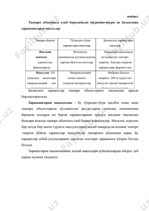 омиллаштириш ички ва ташқи қисмлар ҳисоботларда даромад ва активларни ўлчаш • акциядорлар, инвесторлар ва бошқалар учун молиявий ҳисоботларда заҳиралар таннархи (умум қабул қилинган бухгалтерия ҳисоби тамойилларига мувофиқ ишлаб чиқариш харажатларини қамраб олган заҳиралар таннархи, бунда тадқиқот, маркетинг, 4 дистрибюторлик ва харидорларга хизмат кўрсатишга оид харажатлардан ташқари) • солиқ органларига заҳиралар таннархини солиқ ҳисоботига киритиш харажатларни қонунийлаштириш ёки шериклик суммаларини ҳисоблаш • «адолатли» нархни белгилаш учун базис маҳсулот таннархи • маслаҳат (консалтинг) фирмаларига қилган тавсиялари натижасида тежаб қолинган харажатлардан шериклик суммаларини ҳисоблаш ва ўтказиб бериш харажатларнинг таннарх объектига тақсимлаш учун асос харажатларни тақсимлаш базаси ёки харажатлар омиллари деб аталади. тақсимлаш базаси муҳим бўлган ҳолатларда сабаб-оқибат тақсимланиши ва тақсимлаш базаси муҳим аҳамият касб этмаган ҳолларда шартли тақсимлаш атамалари қўлланилади. яқин вақтга қадар кўпчилик компаниялар билвосита харажатларни шартли тақсимлаш усулидан фойдаланиб келдилар. устама (накладной) харажатларни бундай тақсимлаш тизими харажатларни анъанавий тақсимлаш тизими деб аталади. билвосита харажатларни таннарх объектлари бўйича аниқ тақсимлашда сабаб оқибат …