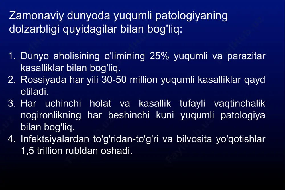 ligi. infektsiyadan keyingi immunitetni shakllantirish ( qarshilik ). infektsion jarayon faktorlari (ip) patogenning sifat va miqdoriy xarakteristikalari. inson tanasining umumiy holati va uning ma'lum bir mikroorganizmga moyilligi (bemorning yoshi va jinsi, uning markaziy asab tizimining holati, immunitet, mikroflora. muhim omillarga jarrohlik aralashuvlar tarixi, ovqatlanish ham kiradi). tashqi muhit (ekologik vaziyat, shuningdek, kislorod etishmasligi, radiatsiya. muammo hipotermiya, haddan tashqari issiqlik, haddan tashqari jismoniy va ruhiy charchoq, noto'g'ri sanitariya sharoitlari tufayli paydo bo'lishi mumkin. 7 epidemiya jarayoni ketma-ketlik to'plami uzluksizligi va muntazamligi infektsiya manbai mavjudligi, yuqtirish omillari va aholining sezgirligi bilan qo'llab-quvvatlanadigan yuqumli kasalliklar holatlari. shunday qilib, bu jarayon uchta bo'g'indan iborat: manba infektsiyalar ; mexanizmi uzatmalar patogenlar ; qabul qiluvchi aholi . epidemik jarayonning rivojlanishiga ta'sir qiluvchi omillar: 1) ijtimoiy omillar - iqtisodiy rivojlanish darajasi; sanitariya-kommunal xizmat ko‘rsatish, sog‘liqni saqlash tizimini rivojlantirish, ovqatlanish holati, mehnat va turmush sharoiti, milliy va diniy urf-odatlar, urushlar, aholi migratsiyasi yetakchi o‘rin tutadi; 2) atrof-muhit omillari …