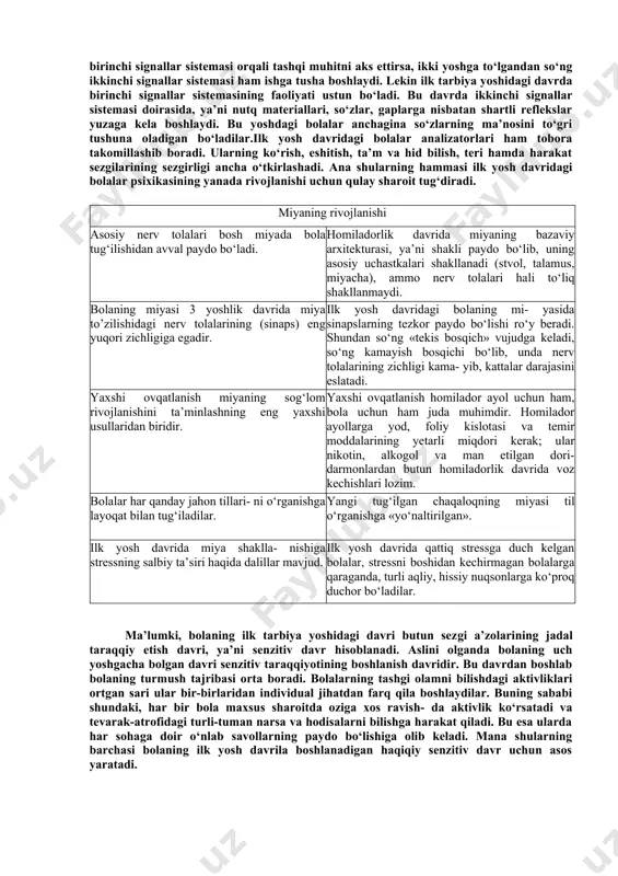 ab qiladi. yoshidan oshgan bola turli xil ozuqa moddalarni asosan ovqatdan oladi. bola yoshidan oshgach, ko‘krakdan ajratiladi. ana shu davrdan boshlab uni kattalar iste’mol qiladigan ovqatlarga sekin-asta o‘rgatila boshlanadi. bolaning faqat ona sutini iste’mol qilishdan boshqa ovqatlarni ham iste’mol qilish​ga o‘tishi uning ovqat hazm qilish organlarida o‘zgarish yasaydi.bolalarning jismoniy jihatdan normal va sog‘lom o‘sishlari uchun oilada ham mtmda ham ularning qat’iy rejim bilan sifatli ovqatlantirishga jiddiy e’tibor bilan qarash kerak. ilk yoshdagi bola ovqatlanishida yuzaga keladigan bu o‘zgarishlar bolaning qon tarkibini ham o‘zgartiradi. ovqatning turi ortgan sari qondagi eng muhim elementlar bo‘lmish gemoglobin va eritrotsitlar miqdori ortadi. lekin shunday bo‘lsa ham bu yoshdagi bolada organizmni yuqumli kasalliklardan muhofaza qilib turadigan oq qon tanachalari (leykotsitlar) yetarli miqdorda bo‘lmaydi va ular turli yuqumli kasalliklarga tez chalinadigan bo‘ladi. shunday qilib, ilk yoshdagi bola jis​moniy jihatdan tez o‘sishda davom etsa ham, u hali tashqi muhit o‘zgarishlariga yaxshi moslasha olmagan bo‘ladi. shuning uchun muhitning salgina …