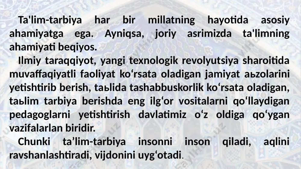 i qo‘shing, ya'ni axloqli+ xushsurat+badavlat inson= 100; agar uning naslu nasabi toza bo‘lsa, songa yana bir nolni qo‘shing, ya'ni axloqli+ xushsurat+badavlat+ nasli toza inson= 1000. biroq ushbu sondan axloqni ifoda etuvchi bir (1) tushib qolsa, bilingki, insonning qiymati yo‘qoladi, saqlanib qolgan nollarning esa, hech qanday qadri yo‘qdir. bunda, avvalambor, insoniyat taraqqiyoti, tamadduniga munosib hissa qo‘shgan buyuk ajdodlarimizning yuksak tafakkur va donishmandlikka boy qadriyatlar tarbiyasiga hamda avlodimiz davomchilari – zurriyotlarimizga biz tomonimizdan beriladigan ibrat tarbiyasiga tayaniladi. shu o‘rnida ta'kidlash joizki, uzluksiz ma'naviy tarbiya yo‘nalishi jihatidan, asosan, ma'naviy (ruhiy), huquqiy, iqtisodiy, jismoniy, axloqiy, balog‘at (o‘g‘il va qiz bola munosabatlariga oid), ekologik va estetik, mehnat, tafakkur hamda ta'lim tarbiyalariga bo‘linadi. najot – bilimda bugun yangi o‘zbekiston taraqqiyotida “najot – ta’limda, najot – tarbiyada, najot – bilimda” konseptual g‘oyasi doirasida amalga oshirilayotgan islohotlar davrini tahlil etish maqsadga muvofiq. birinchi bosqich. 2016-yil sentabrdan 2022-yilgacha ikkinchi bosqich. 2022-yildan to bugunga qadar davom etayotgan o‘zbekiston respublikasini yanada …