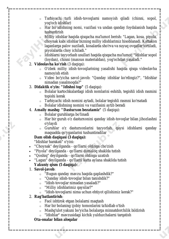 hni o'rgandilar. 5. nutq kompetensiyasi rivojlanishi - bolalar idish-tovoqlar haqida to'liq gaplar tuzib gapira boshladilar. kamchiliklar: 1. vaqt taqsimoti - asosiy qismga ko'proq vaqt ajratilganligi sababli yakuniy qism uchun vaqt kamlik qildi. keyingi mashg'ulotlarda vaqtni to'g'ri taqsimlashga e'tibor berishim kerak. 2. individual yondashuvning yetishmasligi - ba'zi uyatchan bolalar (sardor, madina, zulfiya) mashg'ulotda kam so'zladilar. ularga alohida e'tibor qaratishim kerak edi. 3. dam olish daqiqasidagi harakatlar murakkablik qildi - ba'zi bolalar "idishlar harakati" o'yinida ko'rsatilgan harakatlarni qiynalish bilan bajardilar. keyingi safar yanada soddaroq harakatlarni tanlash kerak. 4. milliy hunarmandchilik haqidagi ma'lumotlar kengroq yoritilishi kerak edi - idish-tovoqlarni yasash jarayoni haqida batafsil to'xtalib o'tishga vaqt yetmadi. 5. ba'zi bolalarda nutq ko'nikmalari sustligi - 5 nafar bola (bobur, nilufar, kamola, jahongir, sarvinoz) idishlar nomlarini aytishda qiynaldilar va kam so'z ishlatib javob berdilar. nima uchun? kamchiliklarning asosiy sabablari: • mashg'ulot materialining ko'pligi va vaqtning chegaralanganligi • bolalarning individual xususiyatlarini hisobga olish darajasining pastligi • …