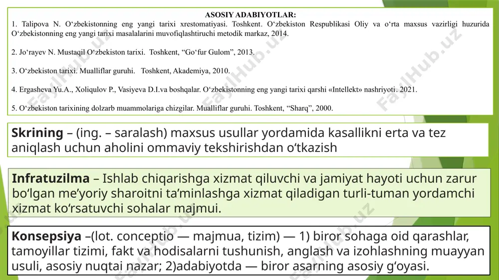 ni taʼminlash, aholi qat-lamlarining taʼlim, madaniyat, kasb malakasi, daromadlari jihatidan keskin tafovutlariga barham berish, jamiyat tomonidan insonga munosib hayot darajasini va inson taraqqiyotini taʼminlashga yordam berishdan iborat. ijtimoiy himoyaning asosiy yoʻnalishlari: erkin ijtimoiy-iqtisodiy faoliyat koʻrsatishni taʼminlash; ish bilan bandlik, kasb tanlash, oʻqish va bilim olish; daromadlarning kafolatlanishi; har bir fuqaroning oʻz iqtisodiy faoliyatida daromadga ega boʻlishi; isteʼmolchilar himoyasi, isteʼmolchilar jamiyatlari; tovarlar va xizmatlar sifati, isteʼmol kafolatini taʼminlash; aholiga tibbiy xizmat koʻrsatish; ijtimoiy taʼminot tizimi va aholining muhtoj, kam taʼminlangan qismlariga pensiyalar, nafaqalar, turli xil imtiyozlar berish. 1980-yillarning oxiriga kelib barcha ittifoqdosh respublikalar qatorida o‘zbekiston aholisining ham yashash sharoitlarini og‘irlashtirib, uni ko‘plab muammolar iskanjasiga solib qo‘ydi bu muammolarning barchasi 1980-yillarning oxiri, 1990-yillarning boshlarida o‘zbekistonda ijtimoiy keskinlikning kuchayishiga sabab bo‘ldi 1980-yillarning oxiri, 1990-yillarning boshlarida o‘zbekistonda ijtimoiy infratuzilma tarmoqlari: sog‘liqni saqlash, xalq ta’limi, maktabgacha bolalar muassasalari juda og‘ir ahvolda bo‘lib, maktab va kasalxonalarning 60 foizi nobop binolarda joylashtirilgan xususan, respublikada demografik vaziyat murakkablashdi. …