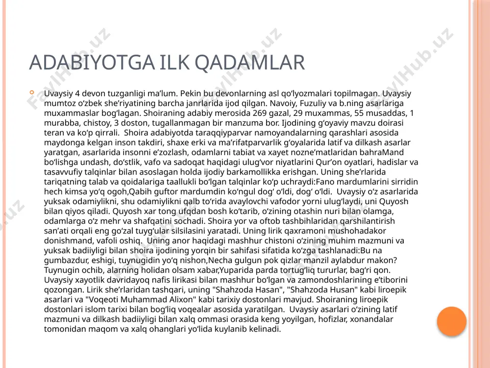 oʻnglum ziyosi mohi tobonimni sogʻindim. asarlaridan parcha nido qadim-qadimdan urushlar tufayli qanchadan qancha odamlar qurbon bo‘lgan, ayollar tul, bolalar yetim qolgan, gullab-yashnab yotgan shahar-u qishloqlar kultepaga aylangan. shuning uchun ham yuragida odamzodga mehr-muhabbat bo‘lgan har qanday inson hamisha janglarga qarshi chiqqan. "nido" dostonida ham insoniyat boshiga katta kulfatlar keltiruvchi balo - urush qattiq qoralanadi. asar avtobiografik xarakterga ega... vasiy oppoq, toza dasturxonga yo‘rgaklangan chaqaloqni tizzalari orasiga yotqizib-tebratib o‘tirgan juvon ayvonning lang ochiq derazasidan bo‘ynini cho‘zib hovliga qaradi. quvalashayotgan bir juft musichani ko‘rdiyu yo‘rgakni avaylab ko‘rpachaga yotqizdi, o‘rnidan ildam turib kalishini oyog‘iga ilganicha hovliga tushdi. to'xtaboyning boyliklari — zulfi-i! ho, zulfiyaxon! chiqaqoling, sevinchli xabar kep qoldi! — hozir, ona, hozir chiqaman. zulfiyaning tovushi qo‘ng‘iroqdek jaranglab chiqqan bo‘lsada, uning o‘zi hiyla parishonxayol edi. kundoshlarining yonida sir boy bermaydi, shu bois qanday bo‘lmasin chehrasidan tabassum arimaydi. suratlar bilan ishlaymiz chistonlar uvaysiy yoshligidan adabiyotga mehr qo’yadi. u asosan chistonlari orqali taniladi va chiston yozish …
