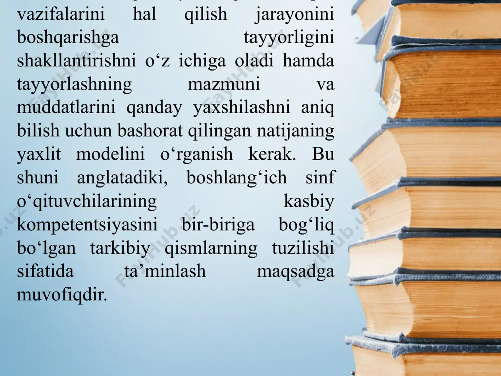 yaxshi o'qituvchi - bu o'quvchilarga kuchli ta'sir ko'rsatadigan, hayotga va mavzuga bo'lgan qarashlarini o'zgartiradigan, ularni ochishga imkon beradigan va erishishga undaydigan o'qituvchi. bo’lajak boshlang’ich sinf o’qituvchilarini tayyorlash. zamonaviy ilm-fanning jadal rivojlanishi va xalqaro ilmiy aloqalarning chuqurlashishi umumiy axborot makonini sezilarli darajada kengaytirdi. pedagogik muloqotdagi avtoritar uslub tobora o'tmishdagi narsaga aylanib bormoqda. uning o‘rnini hamkorlik, muloqot, birgalikda yaratish, integratsiya va shaxs manfaatlari egallaydi. pedagogik muloqotning turli jihatlari bo‘yicha olib borilgan tadqiqotlarni tahlil qilishimiz ushbu muammo juda dolzarb degan xulosaga kelishimizga imkon beradi. e'tiboringiz uchun rahmat image2.jpeg image4.jpeg image3.jpeg image5.jpeg image1.jpeg /docprops/thumbnail.jpeg