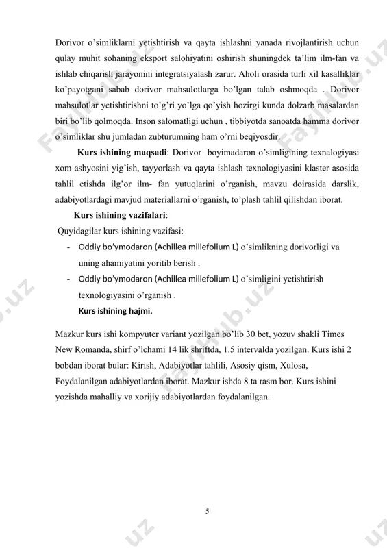 to’plash tahlil qilishdan iborat. kurs ishining vazifalari: quyidagilar kurs ishining vazifasi: · oddiy bo’ymodaron (achillea millefolium l) o’simlikning dorivorligi va uning ahamiyatini yoritib berish . · oddiy bo’ymodaron (achillea millefolium l) o’simligini yetishtirish texnologiyasini o’rganish . kurs ishining hajmi. mazkur kurs ishi kompyuter variant yozilgan bo’lib 30 bet, yozuv shakli times new romanda, shirf o’lchami 14 lik shriftda, 1.5 intervalda yozilgan. kurs ishi 2 bobdan iborat bular: kirish, adabiyotlar tahlili, asosiy qism, xulosa, foydalanilgan adabiyotlardan iborat. mazkur ishda 8 ta rasm bor. kurs ishini yozishda mahalliy va xorijiy adabiyotlardan foydalanilgan. i.bob adabiyotlar taxlili. oddiy bo’ymodaron (achillea millefolium) shimoliy yarim sharning osiyo va yevropa va shimoliy amerikadagi mo’tadil iqlimli hududlari va o’zbekistonning cho’l va tog’li hududlarida va keng tarqalgan. (achillea millefolium l.) shimoliy yarimsharda 115 dan ortiq, dunyoda 110-140 turi mavjud. balandligi 0,2-1 m va bir tekisda o’sadigan ko’p yillik o’simlik. butun dunyoda keng tarqalgan asteraceae oilasi amerika, janubiy va sharqiy …