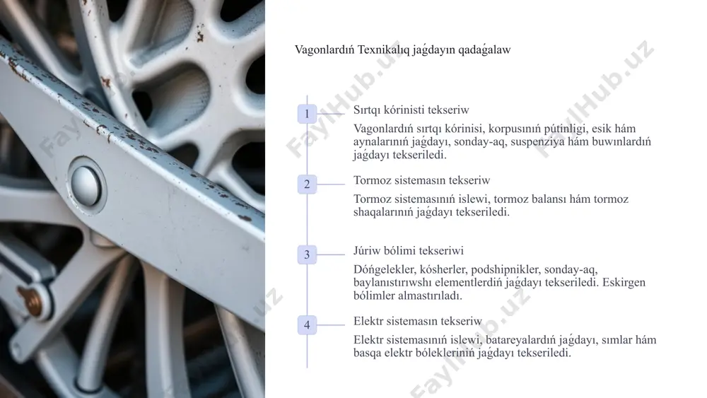 zmet kórsetiwde keleshekte avtomatlastırıw hám jasalma intellekt keńnen qollanıladı. bul texnologiyalar ońlaw processlerin nátiyjelirek etedi, qáwipsizlikti arttıradı hám jumısshılardıń jumıs sharayatların jaqsılaydı. juwmaq vagonlarga texnik xizmat ko'rsatish temir yo'l transportida xavfsizlik, samaradorlik va ishonchlilikni ta'minlash uchun muhimdir. zamonaviy texnologiyalar va malakali kadrlar yordamida vagonlarning texnik holati yaxshi saqlanadi va bu temir yo'l tizimining barqaror ishlashiga yordam beradi. 10 abdullaev a. "temir jol transportı hám onıń ekspluataciyası - temir jol transportınıń uluwma texnikalıq xızmet kórsetiw procesleri hám vagonlar haqqında keń maǵluwmatlar beredi. kitapta temir jol sistemasınıń islewin támiyinlew ushın zárúr bolǵan texnikalıq xızmetler haqqında tolıq jazılǵan. berdiev m. "temir jol transportı hám vagonlardı ońlaw texnologiyaları" bul kitapta vagonlar hám basqa temir jol quralların ońlaw hám texnikalıq xızmet kórsetiwdiń túrli texnologiyaları hám usılları haqqında tolıq usınıslar berilgen. salimov r. "transport vositalariga texnik xizmat kwrsatish va támiri" - bul manba transport vositalariga, jumladan, temir yól vagonlariga xizmat kwrsatishning asosiy usullari va támirlash jarayonlarini …