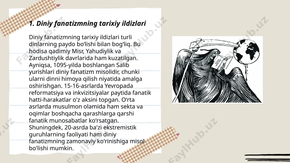 harqdagi mojarolar terrorizmning global ko‘rinishini o‘zgartirdi. bunga 1972 yilgi myunxen olimpiadasi voqeasi misol bo‘lishi mumkin. xxi asrda esa global terrorizm ko‘lamida yangi texnologiyalar va internet vositalari ahamiyatli rol o‘ynamoqda. ... t.me/slaydai_bot diniy fundamentalizm, asosiy dinga qat'iy amal qilishni targ'ib qiladi va ko'pincha zamonaviy zamon bilan moslashishni rad etadi. bu harakat ko'pincha ekstremist guruhlar tomonidan siyosiy va ijtimoiy maqsadlarga erishish uchun qo'llaniladi. o'zbekiston va markaziy osiyoda diniy fundamentalizm xavfi mavjud bo'lib, bu hududdagi xavfsizlik va barqarorlikka tahdid solishi mumkin. 2015-yilda toshkentda diniy ekstremizm va terrorizmga qarshi kurash bo'yicha xalqaro konferensiya tashkil etilgan. shu turdagi harakatlar ko'pincha yoshlarni jalb qilish orqali radikallashishga olib keladi, bu esa mintaqaviy va xalqaro xavfsizlikka salbiy ta'sir qilishi mumkin. diniy fanatizm, ekstremizm, fundamentalizm, radikalism va terrorizmning tarixi hamda ularning xavfsizlikka tahdidi saidxonov abduhamid e'tiboringiz uchun raxmat! image1.png image2.png image3.png image4.jpg image5.png image6.png /docprops/thumbnail.jpeg