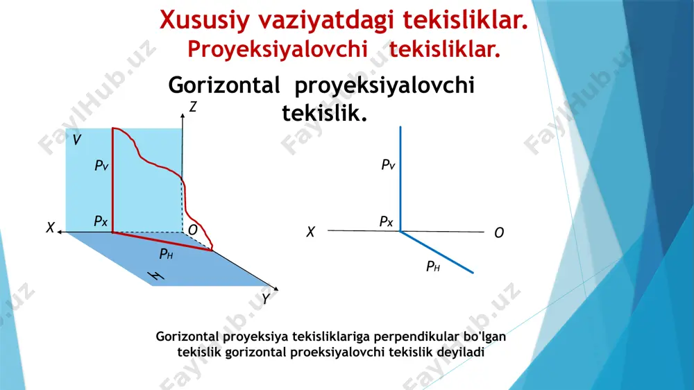ni ifodalaydi. chunki abph va a′b′ ph bo‘lgani uchun bu ikki yoqli α burchakning qiymatini aniqlaydi. q(qh, qv) tekislikning v tekislik bilan hosil etgan β burchagini yasash uchun q tekislikning frontal qv izida ixtiyoriy e″qv nuqta tanlab olinadi. bu nuqta orqali qv ga perpendikulyar qilib tekislikning v tekislikka nisbatan eng katta og‘ma chizig‘ining frontal proyeksiyasi e″f″^qv o‘tkaziladi va uning e′f′ gorizontal proyeksiyasi yasaladi. bu chiziqning v tekislik bilan hosil qilgan β burchagi to‘g‘ri burchakli e″f″f0 orqali aniqlanadi. bu burchak q va v tekisliklar orasidagi ikki yoqli burchakning haqiqiy qiymatiga teng bo‘ladi: β=q^v. image1.jpeg image2.jpeg image3.jpeg image4.jpeg image5.jpeg image6.jpeg /docprops/thumbnail.jpeg