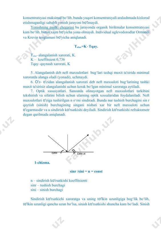 gan n o‘rni sindiradi. bunda nur tushish burchagini sin r qaytish (sinish) burchagining singani nisbati xar bir neft maxsuloti uchun o‘zgarmasdir va u sindirish ko‘rsatkishi deyiladi. sindirish ko‘rsatkishi refraktometr degan qurilmada aniqlanadi. син р син и 1-chizma. sinr /sini = n = const n – sindirish ko‘rsatkishi koeffitsienti sinr – tushish burchagi sini – sinish burchagi sindirish ko‘rsatkichi xaroratga va uning to‘lkin uzunligiga bog‘lik bo‘lib, to‘lkin uzunligi qancha uzun bo‘lsa, sinish ko‘rsatkishi shuncha kam bo‘ladi. sinish ko‘rsatkishi 200c aniqlanadi va belgilanadi. sinish ko‘rsatkishining xaroratga bog‘likligi kuyidagi formula bilan aniqlanadi: ndt0= ndt -t0-t) – taxlil qilinayotgan xaroratdagi sinish ko‘rsatkishi. – koeffitsient = 0,0004 (10c uchun). t - taxlil vaqtidagi xarorat, 0c. - 200c da aniqlangan sinish ko‘rsatkishi. t0 - 200c, shartli xarorat. neft maxsulotlari xarorati 10c ga ko‘tarilsa, uning sinish ko‘rsatkishi n - 0,0004 ga kamayadi. 70 110 90 130 150 1.35 1.45 1.40 1.50 1 4 3 2 нд20 2-chizma.uglevodorodlarning …
