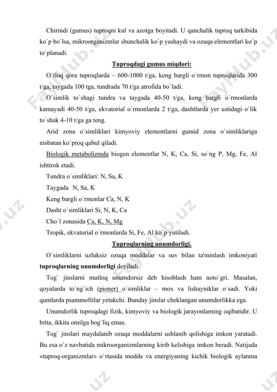 tuproqdagi namlik muhim ahamiyatga ega. bir tonna bugdoy hosili yetilguncha 500 t, bir tonna sholi hosili uchun 1000 t suv sarf bo`ladi. tuproqda ortiqcha nam bo`lsa, kislorod kamayadi, karbonat angidridi ortadi. aerob bakteriyalar o`rnini anaerob bakteriyalar egallaydi. natijada ildiz rivojlanmaydi. tuproqda 8-12 % kislorod bo`lganda ildizga salbiy ta'sir qiladi. 5% dan kamayganda esa ildiz o`ladi. tuproqlarning sho`rlanish darajasiga ko`ra tabaqalanishi (pankov, 1970) № sho`rlanish darajasi qattiq qoldiq, % xlor, % 1 sho`rlanmagan 3 > 0.3 tuproq unumdorligi uchun muhim, omillardan yana biri – issiqlik bo`lib, hisoblanadi. harorat har 1000 oshganda kimyoviy jarayon 2-3 marta ortadi. harorat 00 dan past bo`lsa biologik jarayonlar to`xtaydi. unumdorlikka ba'zi tuzlar – xlor, sulfatlar va soda kabilar salbiy ta'sir qiladi. unumdorlikni oshirishda agromeliorativ tadbirlar zarur. ikkilamchi sho`rlanish. ikkilamchi sho`ralanish qurg`oqchil iqlimli rayonlarga xos jarayondir. bunda kapillyar naylar orqali tuproqda tez eriydigan tuzlarning yer betiga chiqishi sodir bo`ladi. agar haydalma qatlamda tuz 1 %dan ortsa, hosildorlik …