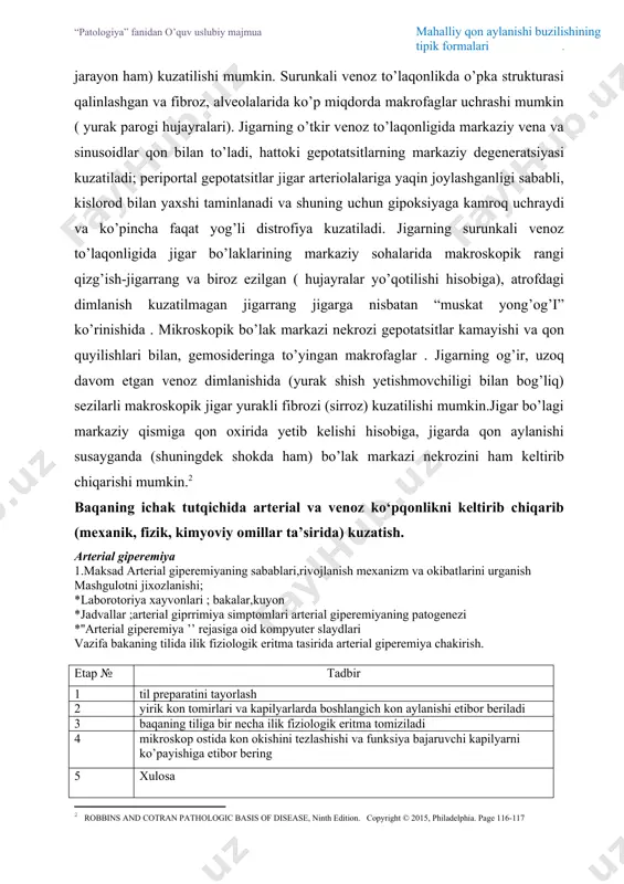 nish bilan tugallanishi mumkin. surunkali to’laqonlik sohalarida kapilyarlarning yorilishi, qon quyilishi, kichik fokuslarni keltirib chiqarishi mumkin: eritrositar detritlarning parchalanishi va fagositozni gemosiderin bilan yuklangan makrofaglar kichik guruhlarini paydo bo’lishiga sabab bo’lishi mumkin. morfologiya. giperemiyalangan yoki damlangan to’qimalar yuza qismi gemoragik va nam ko’rinishda bo’ladi. mikroskopik o’pkalardagi o’tkir to’laqonlik alveolyar kapilyarlarning qon bilan to’lishi bilan harakterlanadi: bu yerda alveolyar septal shish yoki markaziy intraalveolyar qon ketishi (yoki ikkala jarayon ham) kuzatilishi mumkin. surunkali venoz to’laqonlikda o’pka strukturasi qalinlashgan va fibroz, alveolalarida ko’p miqdorda makrofaglar uchrashi mumkin ( yurak parogi hujayralari). jigarning o’tkir venoz to’laqonligida markaziy vena va sinusoidlar qon bilan to’ladi, hattoki gepotatsitlarning markaziy degeneratsiyasi kuzatiladi; periportal gepotatsitlar jigar arteriolalariga yaqin joylashganligi sababli, kislorod bilan yaxshi taminlanadi va shuning uchun gipoksiyaga kamroq uchraydi va ko’pincha faqat yog’li distrofiya kuzatiladi. jigarning surunkali venoz to’laqonligida jigar bo’laklarining markaziy sohalarida makroskopik rangi qizg’ish-jigarrang va biroz ezilgan ( hujayralar yo’qotilishi hisobiga), atrofdagi dimlanish kuzatilmagan jigarrang …
