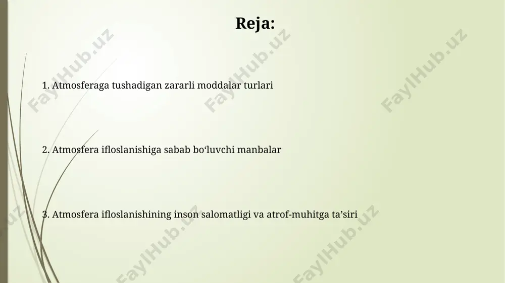 ar (qoʻrgʻoshin, simob) va organik birikmalar (benzol, toluen) mavjud boʻlib, ular uzoq muddatli ta'sirda saraton kasalligiga olib kelishi mumkin. atmosferaga tushuvchi zararli moddalarning 30% dan ortigʻi transport vositalaridan chiqadi, ularning tarkibida karbon monoksidi (co), uglerod oksidi (co2) va boshqa zararli gazlar boʻlib, bu esa global isishga va kislotali yomgʻirga sabab boʻladi. atmosfera ifloslanishini nazorat qilish usullari atmosfera havosini monitoring qilish uchun, 100 dan ortiq monitoring punktlari orqali havo sifati indeksini (hsi) muntazam o'lchash va tahlil qilish, ifloslanish manbalarini aniqlash va zarur choralarni ko'rishga yordam beradi. avtotransport vositalaridan chiqadigan zararli gazlar miqdorini kamaytirish maqsadida, ekologik toza yoqilg'idan foydalanish va transport vositalarining texnik holatini muntazam tekshirish muhimdir. yillik tekshiruvlardan o'tish darajasi 95% ga yetkazilishi kerak. parnik gazlari va global isish parnik gazilarning kontsentratsiyasining 19-asrdan buyon 40% ga ortishi global isishning asosiy sabablaridan biridir, bu esa o'rtacha haroratning 1°c ga ko'tarilishiga olib keldi. co₂ ga teng bo'lgan issiqlik ta'siri bo'yicha, parnik effektining 20% …