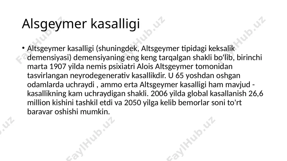 r bilan. predemensiya erta demensiya òrta demensiya oģir demensiya predemensiya birinchi alomatlar ko'pincha qarish yoki stressga reaktsiyaning namoyon bo'lishi bilan aralashtiriladi. dastlabki kognitiv qiyinchiliklar ba'zi odamlarda tashxisdan sakkiz yil oldin batafsil neyrokognitiv testda aniqlanadi. ushbu dastlabki alomatlar kamroq talab qilinadigan kundalik vazifalarni bajarishga ta'sir qilishi mumkin. eng sezilarli xotira buzilishi yaqinda o'rganilgan faktlarni eslab qolish qiyinligi va yangi ma'lumotlarni o'zlashtira olmaslikda namoyon bo'ladi. diqqat, rejalashtirish, kognitiv moslashuvchanlik va mavhum fikrlash kabi ijro etuvchi funktsiyalardagi nozik muammolar yoki semantik xotiraning buzilishi (so'zlarning ma'nosini xotirasi, tushunchalar o'zaro bog'liqligi) ham altsgeymerning dastlabki bosqichlarining alomati bo'lishi mumkin . ushbu bosqichda apatiya qayd etilishi mumkin, bu kasallikning butun davrida eng barqaror neyropsikiyatrik simptom bo'lib qolmoqda erta demensiya altsgeymer kasalligida progressiv xotira yo'qolishi va agnoziya ertami-kechmi tashxisni tasdiqlashga olib keladi. bemorlarning kam sonli qismida xotira buzilishi emas, balki nutq, ijro funktsiyalari, idrok etish yoki harakat buzilishi (apraksiya) birinchi o'ringa chiqadi. kasallik xotiraning turli jihatlariga turli yo'llar …