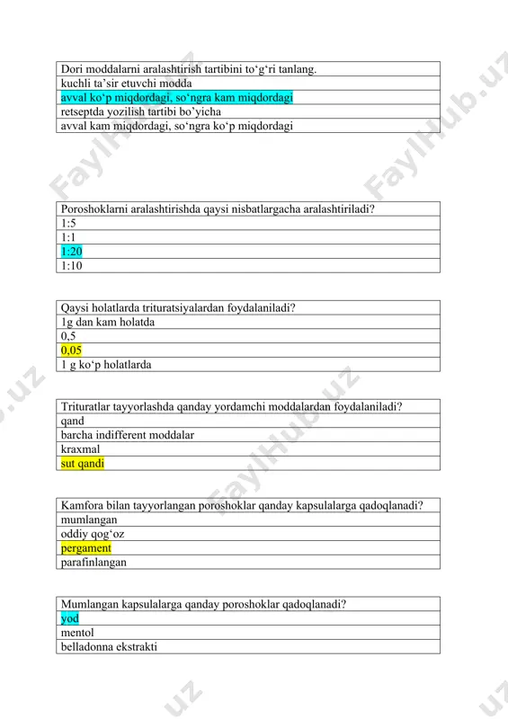 pepsin bilan mikstura tayyorlashda ingrediyentlarni aralashtirish tartibini to’g’ri tanlang. istalgan tartibda suv+ vodorod xlorid kislota+pepsin; vodorod xlorid kislota+suv+pepsin vodorod xlorid kislota+pepsin+suv protargol tayyorlashda texnologik bosqichni to’g’ri tanlang: qizdirib eritiladi; o’g’zi keng idishga tozalangan suv solib, ustiga protargol yupqa qilib sepiladi; bemorga beriladigan flakonda eritiladi; havonchada bir qism suv bilan eritib, bir qismi chayish uchun olib qo’yiladi; dori vositalarning konsentrlangan eritmalariga mikstura qachon qo’shiladi? dori vositasi yoki tozalangan suvga qo’shiladi; birinchi bemorga beriladigan idishga qo’shib; bemorga beriladigan filtrlangan eritmaga qo’shiladi; nastoykalar aralashmasiga qo’shib; 5 g kalsiy xlorid o’rniga 10 ml konsentrlangan eritmadan foydalanilsa necha % eritmadan foydalanilgan bo‘ladi? 30; 20; 50; 70; quyidagi tarkib bo‘yicha berilgan miksturani umumiy hajmini toping. analgin 7,0 natriy bromid 3,0 arslonquyruq 5 ml qand qiyomi 5 ml tozalangan suv 200ml 217 ml; 220 ml; 210ml; 205 ml; 180 ml hajmli mikstura necha osh qoshiqda dozirovkaga bo‘linadi? 9; 12; 18; 20; hushbo‘y suv dispersion muhit sifatida mikstura …