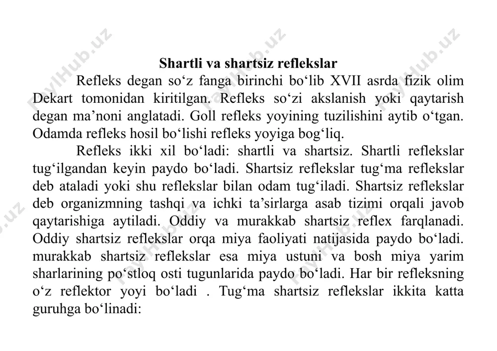 katlarini yozib oladigan sezgir asboblar joylashtirilgan. tajribaning borishi va bola holati kabina «ko’zidan» kuzatib boriladi. ertalabki va kunduzgi soatlar tajribani o’tkazish uchun qulay sharoit hisoblanadi. bunda tajribaning davomiyligi 10 marta qaytarilgan holda 10 minutdan ortmasligi kerak. ovqat bilan mustaxkamlanadigan tajribada qo’l harakatlarini ko’rmaslik uchun bolaning ko’zi bog’lanadi, yoki yuzining yuqorigi qismi oq ekran bilan to’sib qo’yiladi. ovqatlanish shartsiz refleksida shartli ta’sirot sifatida bolaning - emish harakatlari olinadi. uni mustahkamlash uchun sut yoki sutli aralashma beriladi. himoya refleksini hosil qilishda bola ko’ziga havo purkalganda qovoqlarini yumish reaksiyasi e’tiborga olinadi. bolalarda so’lak bezlari sekretor funksiyasiga shartli reflekslarni hosil qilishda a.a.yushenko va krasnogorskiylar (1907) tomonidan ishlangan so’lak yig’uvchi apparatdan foydalaniladi. 1916 yilda amerikalik fiziolog k.s.leshli qulok osti so’lak bezidan sulak yig’ib olish uslubini ishlab chiqdi. bolalar miya po’stlog’i faoliyatini dinamikasini o’rganishda va ayniqsa bolalarni tipologik hususiyatlarini aniqlashda ivanov-smolenskiyning so’z bilan mustahkamlash uslubi alohida ahamiyatga ega. shartli refleksning hosil bo’lish tezligi va turg’unligi bolalarda …