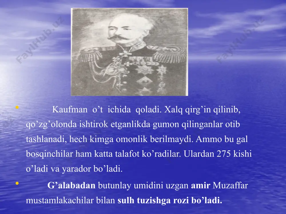iya yordamida vatan himoyachilarini chekinishga majbur qiladi. 1873 yil 18 may kuni kaufman otryadlari amudaryodan kechib o’tib 23 may kuni hazorasp qal’asini bosib oladi. veryovkin qo’mondonligidagi qo’shinlar esa qo’ng’irot, xo’jayli shaharlarini egallaydi. mang’it va uning atrofidagi ovullar dahshatli tarzda qirg’in qilinadi. muhammad rahimxon xiva ixtiyoridagi mavjud kuchlar bilan mudofaa qilib bo’lmasligiga ko’zi yetgach, izmiqsho’r tarafdagi turkman ovuliga borib yashirinadi. bosqinchilar xiva shahrini deyarli jangsiz egallaydilar. xon xazinasi musodara etiladi va shahar aholisi uch kun davomida talon-toroj qilinadi. turkiston general-gubernatori xiva xonini o’z huzriga kelshiini talab etadi. 1873 yilning 12 avgustida kaufman bilan muhammad raximxon ii uchrashadilar va ular o’rtasida gandimiyonda sharmandali o’zaro sulh bitimi imzolanadi. 18 moddadan iborat bu bitim tufayli xiva xonligi o’zining siyosiy mustaqilligini yo’qotadi. «men kim, xiva xoni muhammad raximxon soniy bahodurxon o’zimni ulug’ rus saltanatining quli deb tan olaman», deyilgan edi bitimning birinchi moddasida. xon huzurida saroy amaddorlari va rus qo’mondonlaridan iborat devon (kengash) tuziladi. quyi …
