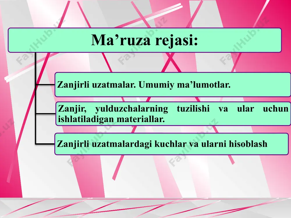 ish sohalari: zanjirli uzatmalar katta o‘qlararo masofalarda hamda bir yetakchi valdan bir nechta yetaklanuvchi valga harakatni tishli uzatmalarni ishlatish mumkin bo‘lmagan, tasmali uzatmalarni qo‘llash esa ishonchsiz bo‘lgan holatlarda qo‘llaniladi. zanjirli uzatmalardan qishloq xo‘jalik, ko‘tarish - tashish, to‘quv va poligraf mashinalarida, mototsikl, velosiped, avtomobil, neft qazish jihozlarida keng foydalaniladi. zanjirli uzatmalar quvvat p≤5000 kvt; aylana tezlik v≤35 m/s; uzatishlar nisbati i≤10; o‘qlararo masofa a≤8 m tavsiflar oralig‘ida ishlay oladi. zanjirli uzatmalarning asosiy tavsiflari quvvat quyidagicha aniqlanadi: zamonaviy zanjirli uzatmalar quvvatning katta oraliq qiymatlarida (bir necha ming kvt) qo‘llaniladi, ammo 100 kvt gacha quvvat uzatishga mo‘ljallangan uzatmalar keng tarqalgan, chunki katta quvvatlarda tishli uzatmalrga qiyosan zanjirli uzatmaning tannarxi keskin oshib boradi. zanjir tezligi va yulduzchalarning aylanishlar takroriyligi: uzatishlar nisbati: uzatishlar nisbati i≤10 tavsiya etilsada, odatda i≤6 bo‘lishi maq­buldir. uzatishlar nisbatining katta qiymatlarida uzatmani bir pog‘onali qilib tayyorlash uning tashqi o‘lchamlarining oshuviga olib keladi. uzatmaning fik. uzatmadagi quvvat isrofi zanjirning sharnirlarida, yulduzchalarning tishlarida, …