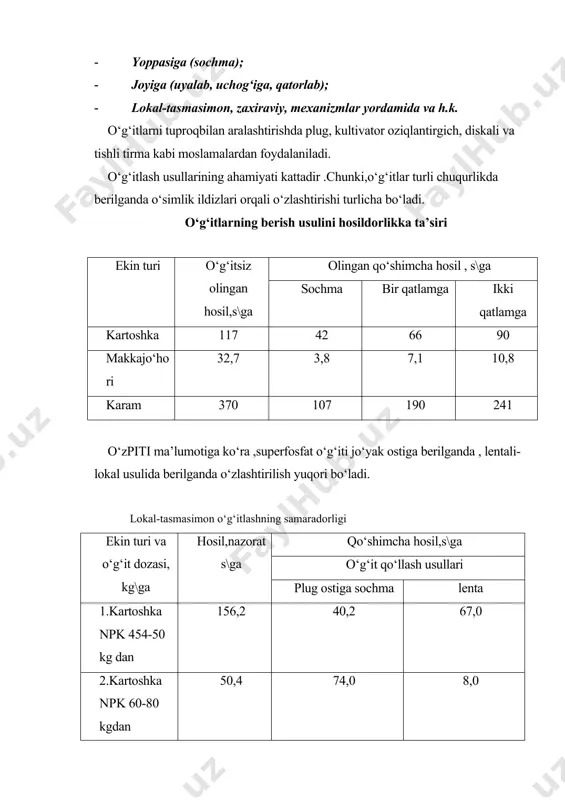 i tushunchalari bir-biri bilan almashtirib yuboriladi. o‘g‘it meyori – qishloq xo‘jalik ekinlariga butun o‘suv davrida beriladigan o‘g‘itmiqdorining ko‘rsatkichi bo‘lib, bir gektar maydonga qo‘llaniladigan, sof moddalarning kilogramm (ba’zan tonna) birlikda ifodalanishidir. o‘g‘it dozasi deyilganda – muayyan muddatda (masalan, ekish bilan birganlikda, 3-4 chinbarg, shonalash davri va h.k.) bir marotaba beriladigan o‘g‘it meyori nazarda tutiladi. o‘g‘itlarni tuproq xossasi va o‘simliklarni ildiz tizimining tarqalishini hisobga olgan holda turli chuqurlikka tushishiga erishish muhim agronomik tadbir hisoblanadi. tuproqni ancha chuqur namli qatlamiga tushgan o‘g‘itlar oson eriydi va o‘simliklar tomonidan butun o‘suv davomida yaxshi o‘zlashtiradi. o‘g‘itlarni qo‘llashda ularni gravatitsion suvlar ta’sirida harakatlanishi, yuvilishi va gaz shaklida yo‘qolishi kabi salbiy jarayonlarni hisobga olish zarur. bu, birinchi navbatda azotli o‘g‘itlarga tegishli bo‘lib, nitrat shaklidagi azot sug‘orish suvlari ta’sirida yuviladi va atrof – muhitni ifloslantiradi. ushbu jarayon, ayniqsa yengil mexanikaviy tarkibli tuproqlarda jadal boradi. nitratlarni yuvilishi erta bahor va kech kuz davrlarida sezilarli darajada kuchayadi. huruq iqlimli sharoitlarda (o‘rta …