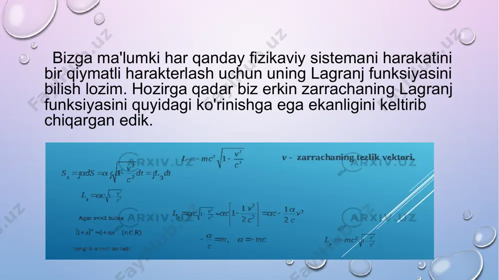 amiz. ma'lumki, erkin zarra uchun ta'sir: ko'rinishda beriladi, bunda integral berilgan ikki hodisa orasidagi dunyoviy chiziq bo'yicha integralni fodalaydi. buni vaqt bo'yicha integralga aylantirib yozish mumkin eng kichik ta'sir pinrintsipini umumiy ta'rifiga ko'ra taqqoslagan holda zarraning relativistik lagranj funksiyasini ko'rinishda yozishimiz mumkin. .. zarraning relativistik lagranj funksiyasini keltirib chiqarishda ikkita muhim xususiyat invariantlik va moslik prinsipini inobatga olish muhimdir. bu yerda m - zarraning massasi v - uning tezligi. bundan zarraning impulsini keltirib chiqaramiz. lagranj funksiyasi tezlik modulini funksiyasidir. shunday qilib, relyativistik zarraning impulsi klassik zarradan farqli ravishda y modulning chiziqli bo'lmagan funksiyasi ekan. grafikda klassik va relativistik nuqtal pazardan impuls bog'liqligini chizaylik. . relyativistik dinamika tenglamasi biz hozirga qadar zarraning relyativistik lagranj funksiyasi, relyativistik zarraning energiyasi va impulsi orasidagi bog'lanishni taxlil qilgan edik. endigi vazifa relativistik zarraga tashqi kuch ta'sir qilganda uning tezligi va ixtiyoriy vaqt momentidagi koordinatalarini topamiz. bizga ma'lumki, ta'sir tabiati qanaqa bo'lishidan qat'iy nazar jism impulsining …