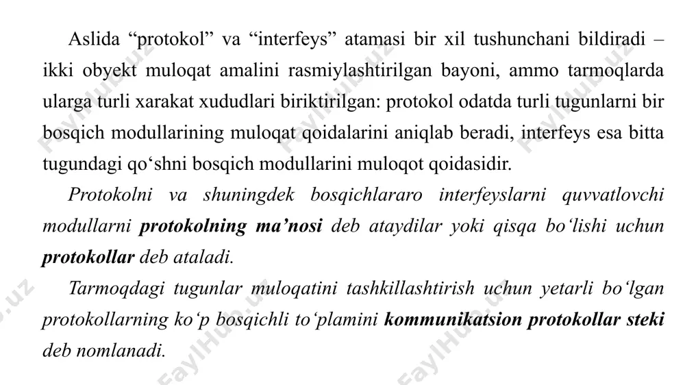hokazolarga talablar aniqlanadi. modelni quyi ikki bosqichning (1 va 2) vazifasini odatda qurilmalar bajaradi (2 bosqich vazifasini bir qismini tarmoq adapterining dasturiy drayveri bajaradi). aynan shu bosqichlarda tarmoq topologiyasi, uzatish tezligi, axborot almashishni boshqarish usuli va paket formati (o’lchami) ya’ni tarmoq turiga to’g’ri taaluqli ko’rsatgichlar aniqlanadi (ethernet, token-ring, fddi). yuqori bosqichlar to’g’ridan-to’g’ri biror aniq qurilma bilan ishlamaydi, vaholanki 3,4 va 5 bosqichlar qurilma xususiyatlarini hisobga olishlari mumkin. 6 va 7 bosqichlar umuman qurilmalarga hech qanday aloqasi yo’q. tarmoq qurilmalaridan birini boshqa birorta qurilma bilan o’zgartirilgan taqdirda ham ular buni hech vaqt sezmaydilar. osi modelidan tashqari, 1980 yili fevral oyida qabul qilingan (802 soni yil, oydan kelib chiqqan) ieee project 802 modeli ham mavjud. bu modelni osi modelini aniqlashtirilgan, rivojlantirilgan modeli deb qarash mumkin. 802–1 – tarmoqlarni birlashtirish. 802–7 – keng miqyosda aloqa olib borish texnologiyasi (shirokoveshatelnaya texnologiya). 802–2 – mantiqiy aloqani boshqarish. 802–8 – optik tolali texnologiya. 802–3 – “shina” …