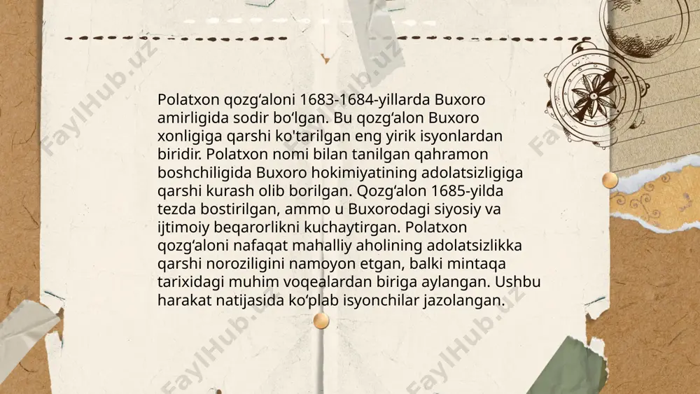 ining mahalliy aholiga nisbatan adolatsiz siyosati, xususan, jismoniy mehnatga majburlash edi. qo‘zg‘alon natijasida minglab mahalliy aholi, jumladan, bosqinchilarning jabrdiydalari soni ortdi. qo‘zg‘alonchilar orasida polatxon nomi bilan tanilgan erkak rahbar sifatida faoliyat olib bordi. arxiv hujjatlariga ko‘ra, qo‘zg‘alon davomida qator liderlar qo‘lga olinib, qattiq jazolangan. ... t.me/slaydai_bot 10. polatxon qozg‘aloni davrida madaniy o‘zgarishlar polatxon qozg‘aloni davrida (1916-1917 yillar) turkistonda ko‘plab madaniy o‘zgarishlar sodir bo‘ldi. ushbu davrda turkiston o‘lkasida yozuv islohotlari muhokama qilina boshlandi. jumladan, jadidlar yangi usul maktablarini kengaytirishga intildilar. 1917 yil mart oyida toshkentda birinchi bor "sho‘ro" jurnali nashr etila boshladi. ayni paytda, turkiston o‘lkasida madaniy-ma’rifiy jamiyatlar soni oshdi, ulardan biri "turon" madaniyati va adabiyoti jamiyati bo‘lib, u 1917 yilda tashkil etilgan. ushbu jamiyatlar milliy ongni uyg‘otishga hissa qo‘shdi. polatxon qozg‘aloni yillari bo‘ylab madaniyat sohasida milliy ong, savodxonlik va o‘zlikni anglash jarayoni jadallashdi. ... t.me/slaydai_bot polatxon qozg‘alonining xalq og‘zidagi afsonalari o‘zbekiston tarixida muhim o‘rin tutadi. 1683-1684-yillarda bo‘lib o‘tgan bu qozg‘alon …