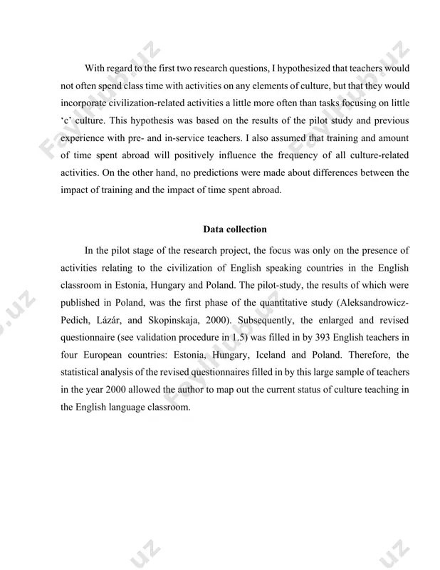 communicate in intercultural settings. the questionnaire (see appendix 1) was divided into three sections and took approximately 15 minutes to fill in. table 1 shows how the questionnaire was divided into three sections. section 1 6 questions about the frequency of big ‘c’ culture-related activities in the english lesson section 2 7 questions about the frequency of little ‘c’ culture-related activities in the english lesson section 3 5 sets of questions about country focus, level and age of students,coursebooks, the respondents’ age, qualification, sex, place of residence, mother tongue, stay abroad, previous cultural training table 1 the structure of the questionnaire the first section consisted of questions where respondents were asked to rate the frequency of big ‘c’ culture-oriented activities in their lessons. frequency was measured by the adverbs ‘never’, ‘rarely’, ‘sometimes’ and ’often,’ and the questions concerned types of activities that usually entail teaching about the civilization of the …