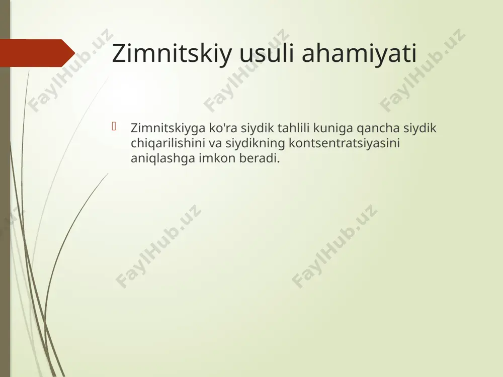 gan holda). zimnitskiy usuli kunlik siydikning umumiy hajmi (kunlik diurez) - 6-00 dan 18-00 gacha; tungi siydikning umumiy hajmi (tungi diurez) - 18-00 dan 6-00 gacha. zimnitskiy bo'yicha siydik tahlilining normalari va dekodlanishi siydikning umumiy hajmi (kunlik diurez) odatda 1500 dan 2000 ml gacha bo'lishi kerak zichlik o'zgarishi siydik zichligining oshishi (kamida 1,035 g / ml dan yuqori bo'lgan bitta kavanozda) giperstenuriya deb ataladi. giperstenuriya yuqori zichlikka ega bo'lgan katta miqdordagi moddalar (masalan, glyukoza yoki oqsil) siydikga tushganda paydo bo'ladi, bu diabetes mellitus, glomerulonefrit va toksikoz (homiladorlik davrida) kabi patologiyalarni ko'rsatishi mumkin. image1.jpeg image2.jpeg image3.png