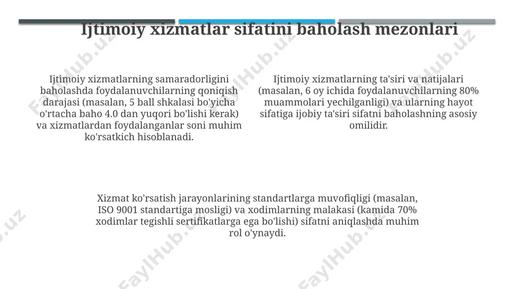 t nazorati va audit natijalari asosida 15% ga yaqin byudjet mablag'larining oqilona ishlatilishi yaxshilandi. samarali davlat nazorati va auditni amalga oshirish uchun 10 dan ortiq mutaxassisni jalb qilish va ularning malakasini oshirishga 20% gacha byudjet ajratish tavsiya etiladi. davlat nazorati va audit jarayonlari, o'rtacha 50 dan ortiq ko'rsatkich bo'yicha baholanadi va kamida 30% ta'sirchanlik darajasiga ega bo'lishi kerak. doimiy takomillashtirish tizimi tizim samaradorligini oshirish uchun 3 bosqichli monitoring tizimi joriy etilib, har chorakda baholash va 6 oyda bir marta keng ko'lamli audit o'tkaziladi. "doimiy takomillashtirish tizimi" ishlab chiqish va qo'llanilishida iso 9001 standartiga mos keladigan 10 dan ortiq muhim ko'rsatkichlarni o'z ichiga oladi, bu esa xalqaro standartlarga muvofiqlikni ta'minlaydi. "doimiy takomillashtirish tizimi" sifat ko'rsatkichlarini baholashda, kamida 5 ta asosiy parametr, jumladan mijozlar qoniqish darajasi (80% dan yuqori maqsad) va xodimlar malakasi hisobga olinadi. mijozlar bilan o'zaro munosabatlarni yaxshilash mijozlarning fikr-mulohazalarini yig'ish uchun onlayn so'rovnomalar va telefon orqali so'rovlarni o'tkazish, xizmat …