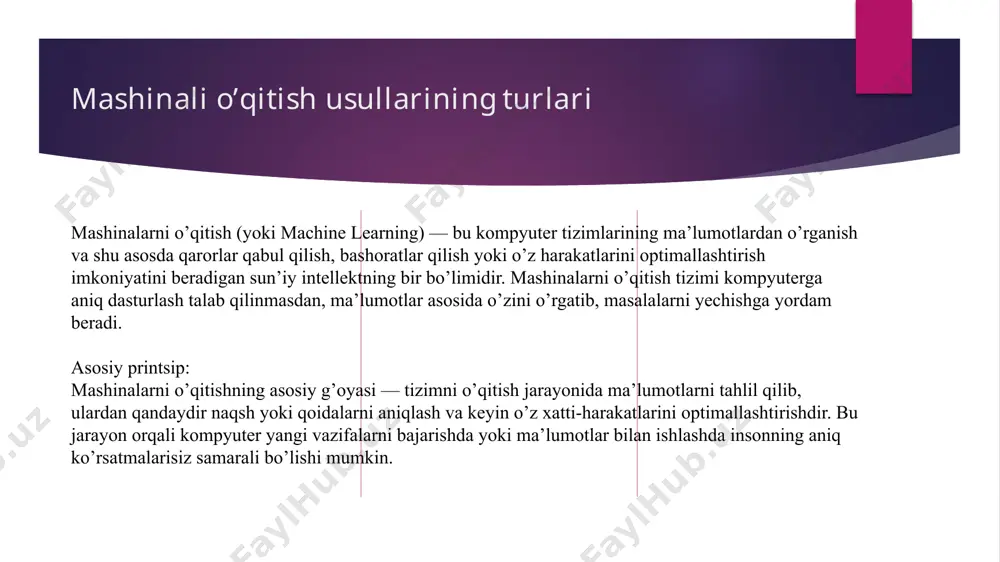 sionality reduction). usullar: k-means klasterlash, asosiy komponentlar tahlili (pca), tarmoqli asosli o’qitish. yarim-nazoratsiz o’qitish yarim-nazoratsiz o’qitish nazorat ostida o’qitish va nazoratsiz o’qitish o’rtasidagi holatdir. bu usulda ma’lumotlarning bir qismi tegishli chiqishlarga ega bo’ladi (etiketlangan), qolgan qismi esa etiketlansiz bo’ladi. model faqat etiketlangan ma’lumotlar asosida o’rganishga boshlaydi, keyin esa etiketlanmagan ma’lumotlarni ham o’rganishga qodir bo’ladi. • misollar: ma’lumotlarni tahlil qilishda kam sonli etiketlangan ma’lumotlar mavjud bo’lganda, bu usul foydalidir. kuchaytirilgan o’qitish bu usulda agent (model) ma’lum bir muhitda harakat qiladi va unga asoslangan mukofot (reward) yoki jazolash (punishment) orqali o’rganadi. maqsad agentni maksimal mukofot olish uchun o’z xatti-harakatlarini optimallashtirishdir. • misollar: o’yinlar, robototexnika, avtomatik boshqaruv tizimlari. mashinali o’qitish jarayoni kompyuter tizimiga o’rganish va qarorlar qabul qilish qobiliyatini berish uchun ma’lumotlarni ishlatishning bosqichma-bosqich jarayonidir. bu jarayonni o’rganishning asosiy maqsadi, modelga kirish ma’lumotlaridan qanday qilib foydali naqshlar yoki qoidalarni aniqlashni o’rgatishdir, shundan so’ng yangi va ko’rilmagan ma’lumotlarga asoslangan to’g’ri qarorlar chiqarish mumkin bo’ladi. …