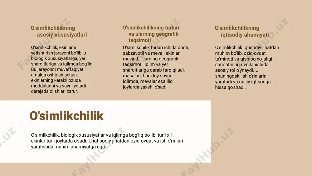 vachilik mahsulotlari, go‘sht, sut, tuxum kabi, oziq-ovqat xavfsizligini ta’minlaydi. ular iqtisodiy barqarorlik va qishloq aholisining farovonligini oshiradi. chorvachilikning iqtisodiy roli chorvachilik, qishloq xo‘jaligining muhim qismi bo‘lib, ish o‘rinlari yaratadi va mahalliy iqtisodiyotga hissa qo‘shadi. ekologik muvozanatni saqlashda ham muhim ahamiyatga ega. photo by matthew henry on unsplash photo by sawyer bengtson on unsplash photo by igor omilaev on unsplash qishloq xo‘jaligi turlari: aralash qishloq xo'jaligi aralash qishloq xo'jaligi: o'simlik va chorvachilik birlashuvi. mahsulotlar oziq-ovqat xavfsizligini ta'minlashda muhim. iqtisodiy jihatdan, aralash qishloq xo'jaligi ish o'rinlari yaratadi va mahalliy iqtisodiyotni rivojlantiradi. qishloq xo‘jaligi va atrof-muhit qishloq xo‘jaligining atrof-muhitga ta'siri qishloq xo‘jaligi atrof-muhitga ta'sir qiladi. o‘suvchilar, pestitsidlar va o‘g‘itlar tuproq va suvni ifloslantirishi mumkin. bu esa tabiat muvozanatini buzishi xavfi mavjud. barqaror qishloq xo‘jaligi amaliyotlari barqaror amaliyotlar atrof-muhitga ijobiy ta'sir ko‘rsatadi. ekologik usullar, resurslarni tejash va bioxilma-xillikni saqlash qishloq xo‘jaligini rivojlantirishda muhimdir. photo by daniel korpai on unsplash photo by raphael lopes on …