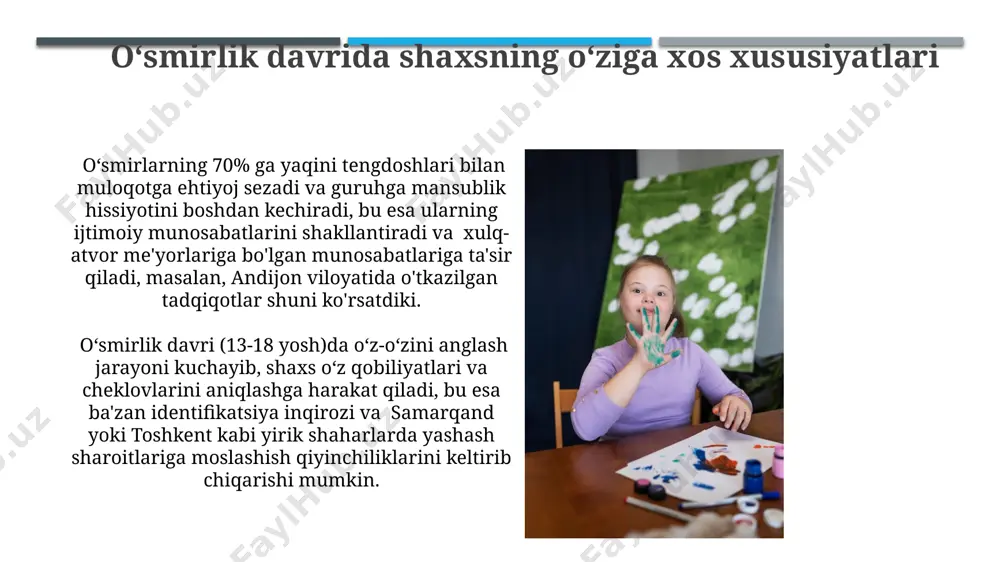 jlanishi oʻsmirlik davrida, taxminan 11-15 yosh oraligʻida, qizlarda oʻrtacha 2,5 sm, oʻgʻillarda esa 7-10 sm ga yaqin boʻyli oʻsish kuzatiladi, bu esa suyaklarning tez rivojlanishi bilan bogʻliq. oʻsmirlarning mushak massasi, ayniqsa, oʻgʻil bolalarda 14-18 yosh oraligʻida sezilarli darajada ortadi, bu esa jismoniy kuch va chidamlilikning oshishiga olib keladi va sport faoliyatiga ijobiy ta'sir ko'rsatadi. oʻsmirlik davridagi muammolar va qiyinchiliklar 15-17 yosh oraligʻida, oʻsmirlarning 30% dan ortigʻi oʻz-oʻzini anglash bilan bogʻliq muammolarni boshdan kechiradi, samarqanddagi tadqiqotlar shuni koʻrsatdiki, bu holatlar koʻpincha identifikatsiya inqirozi bilan bogʻliq. oʻzbekistonning qishloq joylarida yashovchi oʻsmirlarning 25% ga yaqini tengdoshlari bilan boʻlgan munosabatlarida qiyinchiliklarga duch kelishadi, bu esa oʻz navbatida ijtimoiy izolyatsiyaga va oʻqishdagi muammolarga olib keladi. e'tiboringiz uchun rahmat @taqdimot_robot image1.jpg image2.jpg image3.jpg image4.jpg image5.jpg image6.jpg image7.jpg image8.jpg image9.jpg