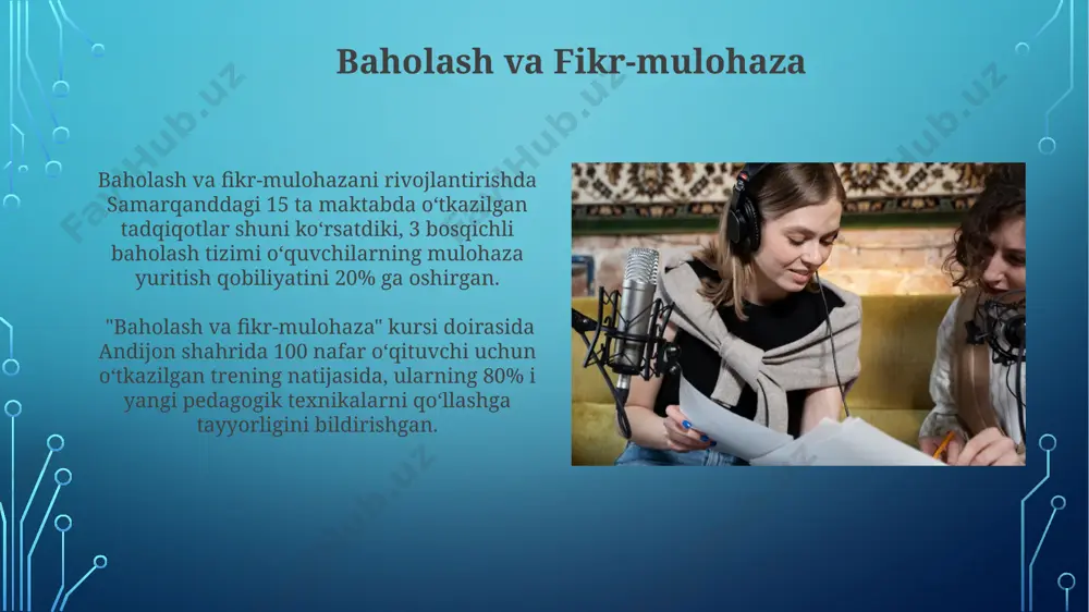 a o‘tkazilgan so‘rovnomalar natijalariga ko‘ra, 70% o‘qituvchilar nutq madaniyatini takomillashtirish uchun qo‘shimcha kurslarga ehtiyoj sezishmoqda. to‘g‘ri talaffuz va nutq tempining ahamiyati toshkent shahridagi pedagogika institutlarida 3 yillik o‘qitish dasturi doirasida 150 soatdan ortiq vaqt ajratilgan. individual yondashuv самарқанд вилоятидаги тажриба кўрсатдики, индивидуал ёндашув натижасида 15% ўқувчиларнинг ўқишга бўлган қизиқиши ортиб, академик кўрсаткичлари 2 баллга яхшиланган. индивидуал ёндашув самарадорлигини ошириш учун, 30 дан ортиқ ўқитувчи 2023 йилда малака ошириш курсларида иштирок этиб, фаол ўқитиш услубларини ўрганишди. motivatsiya va rag’batlantirish aqshning harvard universiteti tadqiqotchilari tomonidan o‘tkazilgan eksperimentlar ko‘rsatdiki, maqsadga yo‘naltirilgan 3 bosqichli rag‘batlantirish tizimi o‘quvchilarning o‘zlashtirish ko‘rsatkichlarini 15% ga oshirgan. motivatsiya darajasini oshirish uchun 5-10 daqiqalik qisqa tanaffuslarni qo‘llash, masalan, samarqanddagi maktablarda qo‘llanib kelinayotgan amaliyotga ko‘ra, konsentratsiyani oshiradi va o‘quv jarayoniga ijobiy ta’sir ko‘rsatadi. e'tiboringiz uchun rahmat @taqdimot_robot image3.jpg image4.jpg image5.jpg image6.jpg image7.jpg image8.jpg image9.jpg image10.jpg image11.jpg image12.jpg image13.jpg image14.jpg image15.jpg image16.jpg image17.jpg image18.jpg image19.jpg image2.png
