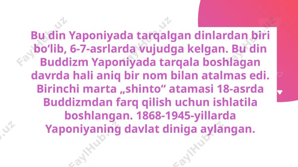 maqsadida kamilar uchun ibodatxonalar qurib, ularni muqaddaslashtirish siyosati boshlandi. x asrga kelib mamlakatda ibodatxonalarning soni 3000 dan ortib ketgani yuqoridagi siyosatga jiddiy yondoshilganidan darak beradi. sinto ta’limotining asosida tabiat va insonning birgalikda mavjudligi g‘oyasi yotadi. ta’limotga ko‘ra, olam kami, inson va marhumlarning ruhlari yashash makoni hisoblanadi. kamilar doim barhayot bo‘lib, o‘lim ular uchun qayta tug‘ilish, yangilanish charxpalagi vazifasini o‘taydi. ammo bu tarzdagi jarayon abadiy bo‘lmay, balki u yerning mavjudligiga bevosita bog‘liq xolos. sinto ta’limotida xoloskorlik tushunchasi mavjud emas. shuning uchun ham inson hayoti davomidagi yashash tarzi, harakati va amallariga qarab, o‘zining o‘rnini belgilab borishi kerak. xix asr ikkinchi yarmida imperator meydzi islohotining dastlabki yillaridan boshlab, u “dzingikane” (“sinto ishlari bo‘yicha departament”)ni tuzib, uni buddaviylikdan ajratdi va kamilar huzurida qasamyod qabul qilgan holda, sintoiylikni yaponiyaning rasmiy dini sifatida e’lon qildi (islohotga qadar buddaviylik rasmiy din maqomida bo‘lgan). 1868–1946-yillar davomida sintoizm davlat dini maqomida bo‘ldi get ready for - accelerate your sales …
