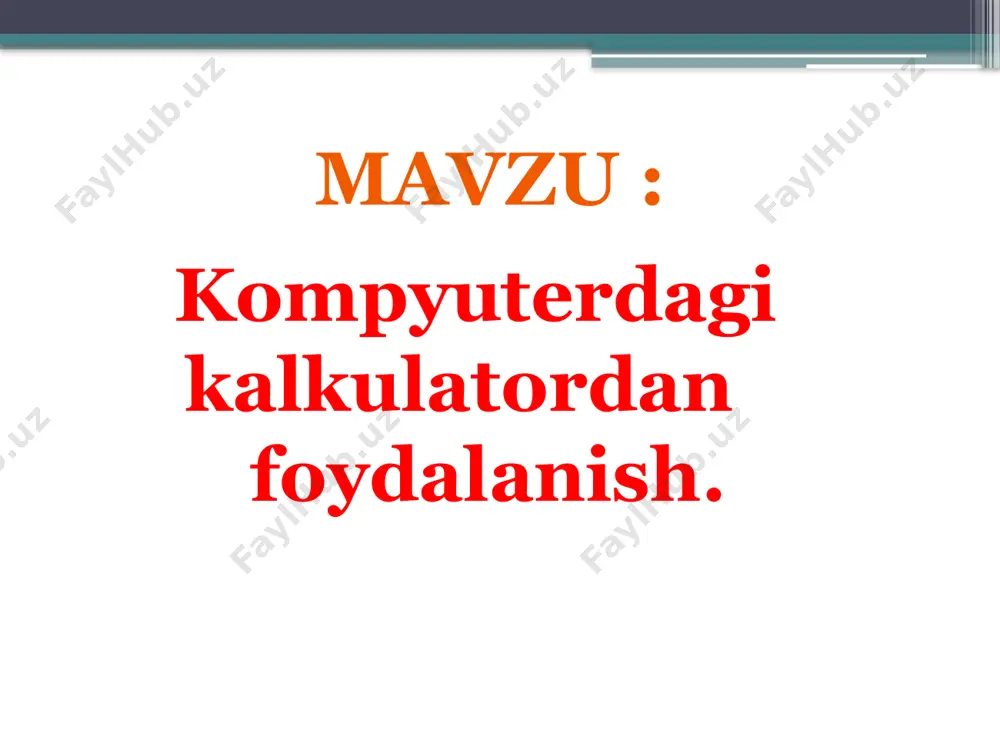izlarni va boshqa murakkab funksiyalarni hisoblash mumkin. viii. o`quvchilarga boholash uchun topshiriqlar:\ kalkulator dasturi ishga tushiriladi. darslikdagi 1, 2, 3, 4-mashqlar bajariladi,natija tahlil qilinadi. kalkulatorda ishlash uchun misollar yaratish va uni kartochka ko`rinishiga olib kelish. ix. xulosa va kutiladigan natijalar.demak, windows muhitida asosiy dasturlar bilan birga kalkulatordan foydalanish va hisob-kitobni amalga oshirish mumkin. o`quvchilar bu mavzudan sonlar ustida arifmetik amallarning bajarilish ketma-ketligiga rioya qilish kerakligini, sonlarni xotirada saqlab turish, keyinchalik uni ekranchadagi songa qo`shib va natija olish ko`nikmalarini hosil qilishlari kerak. image10.png /docprops/thumbnail.jpeg